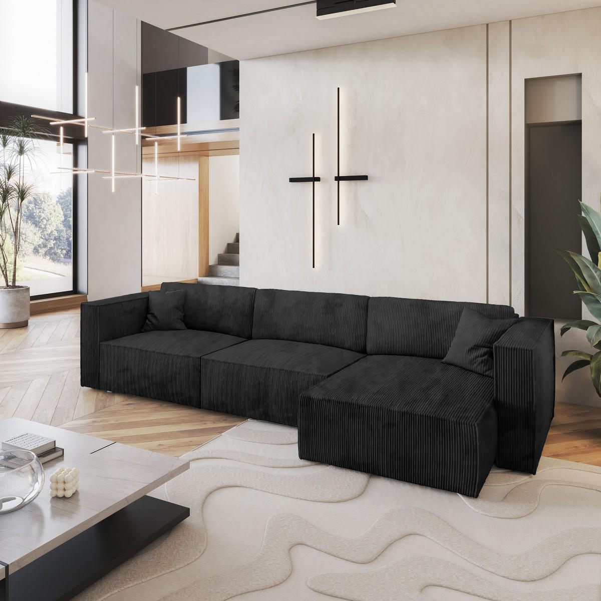 ECKSOFA TOLMO P Schwarz Kordstoff mit Schlaffunktion - Schwarz, Holz (347/148cm) - MASSENO