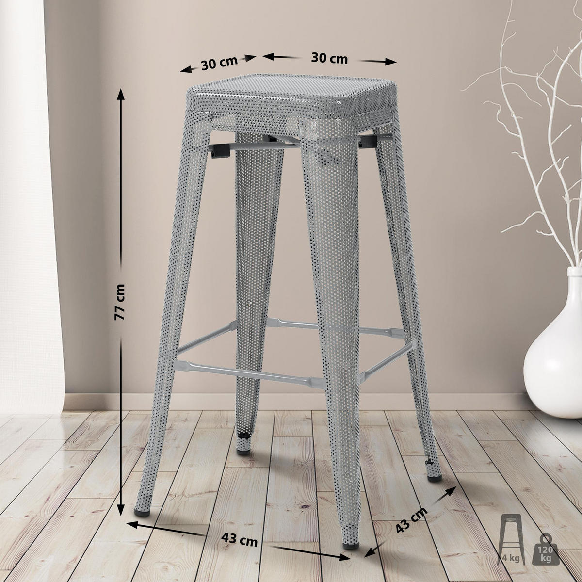 BARHOCKER Metall silber - Silberfarben, Metall (43/77/43cm) - CLP