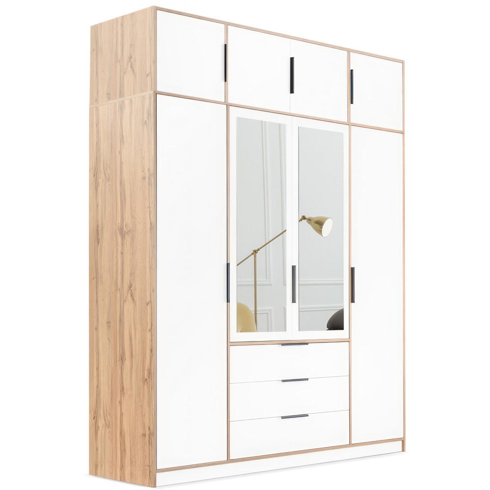 Beautysofa Drehtürenschrank Weiß, Eiche Wotan 200x245x57 cm