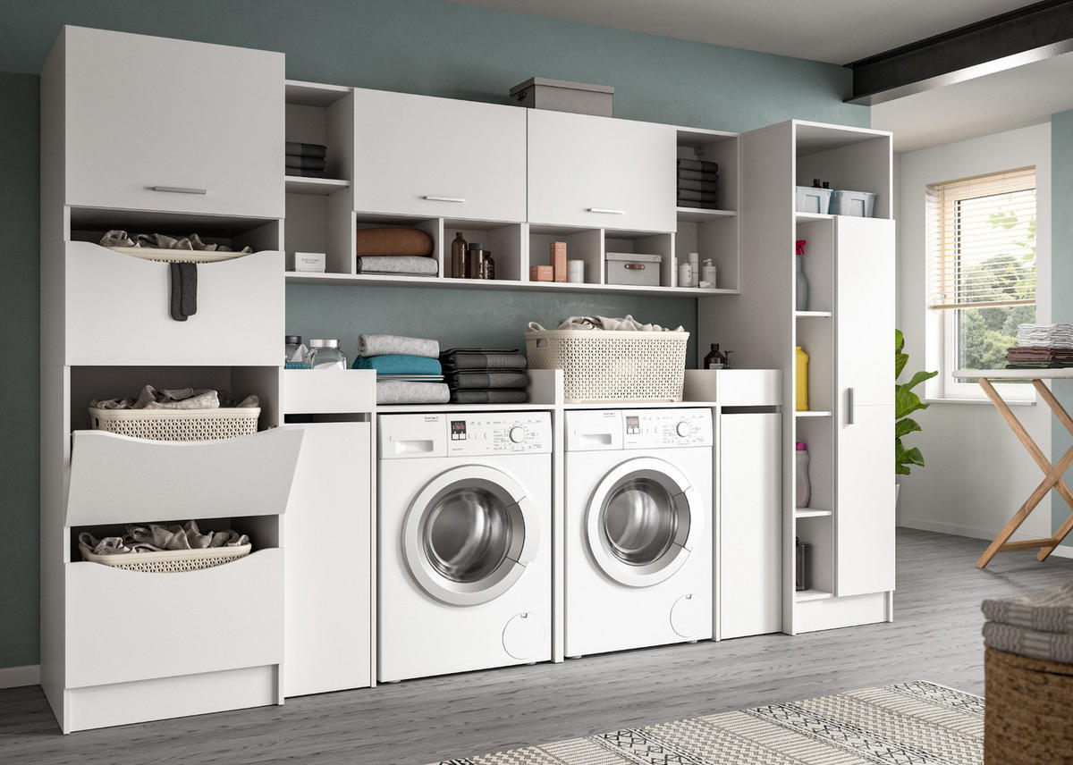 WASCHMASCHINENSCHRANK weiß Set 3-teilig 95 x 195 cm, Waschmaschinenumbau mit Stauraum - Silberfarben/Weiß, Glas/Holzwerkstoff (95/195/60cm) - Inn.Furn