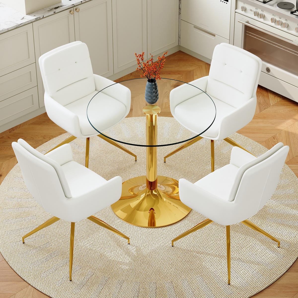 ESSGRUPPE DE-39476 5-teilig, Glastisch und 4 Drehstühlen mit Knopfverzierung Weiß - Weiß, Metall (85/75/85cm) - ComfortXL