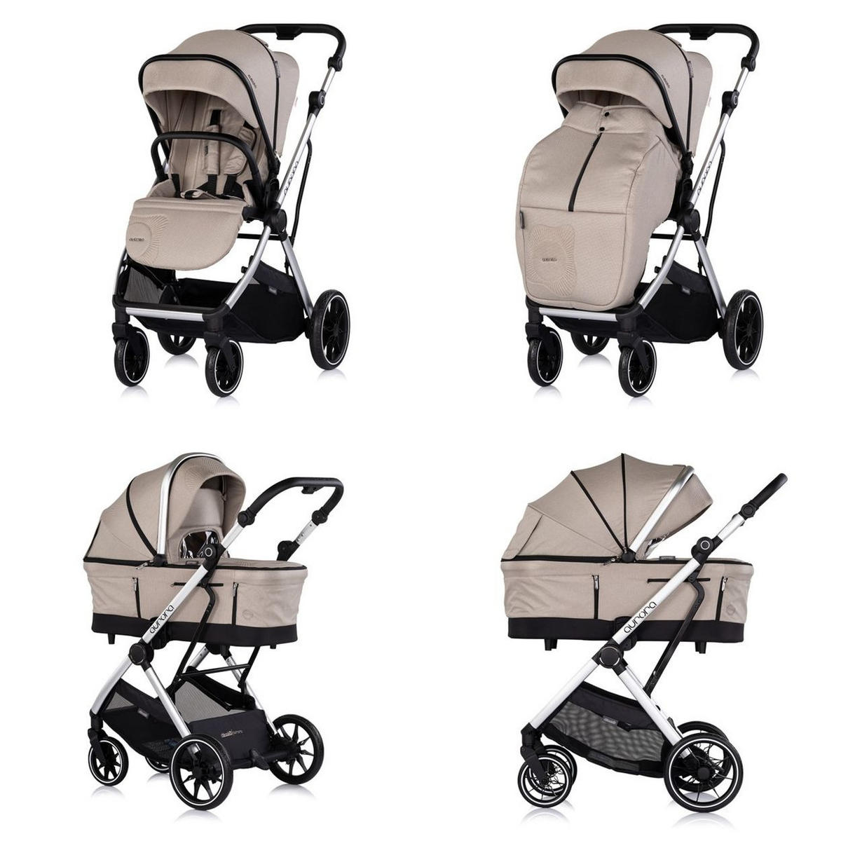 KOMBIKINDERWAGEN Aurora 3 in 1 hellbraun Babyschale Babywanne Sportsitz Tasche - Braun, Metall (84/57/112cm) - Chipolino