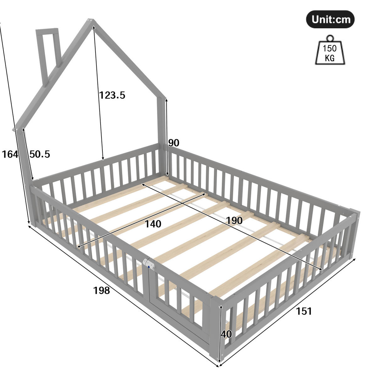 KINDERBETT 140/190 cm in Grau mit Schornsteinform und Sicherheitsgitter - Grau, Holzwerkstoff (140/190cm) - BEAOK