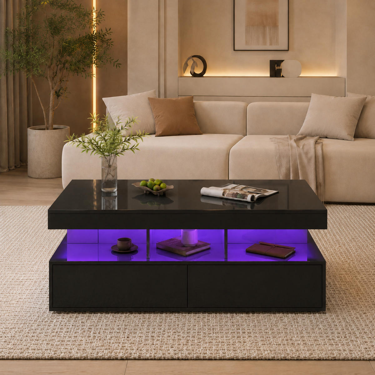 COUCHTISCH mit LED-Beleuchtung und Stauraum, elegantes Design - Schwarz, Holz (104/53/46cm) - Joyfair