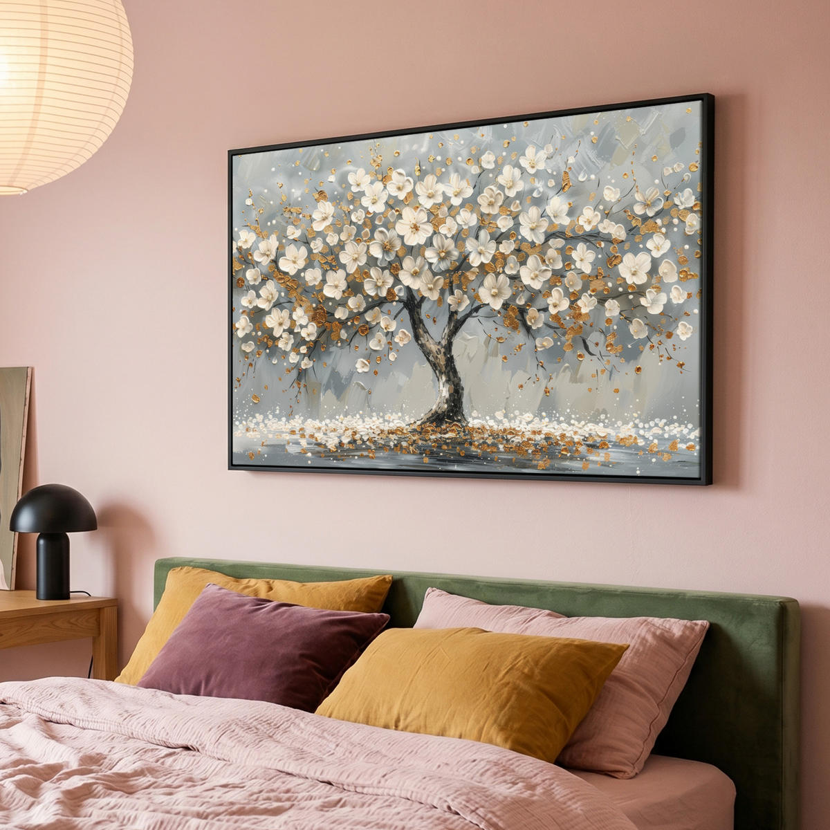 LEINWAND Bilder mit Rahmen - Baum - Blumen - Weiß - Natur - Kunst - 150x100 - Weiß, Textil (150/100cm) - MuchoWow