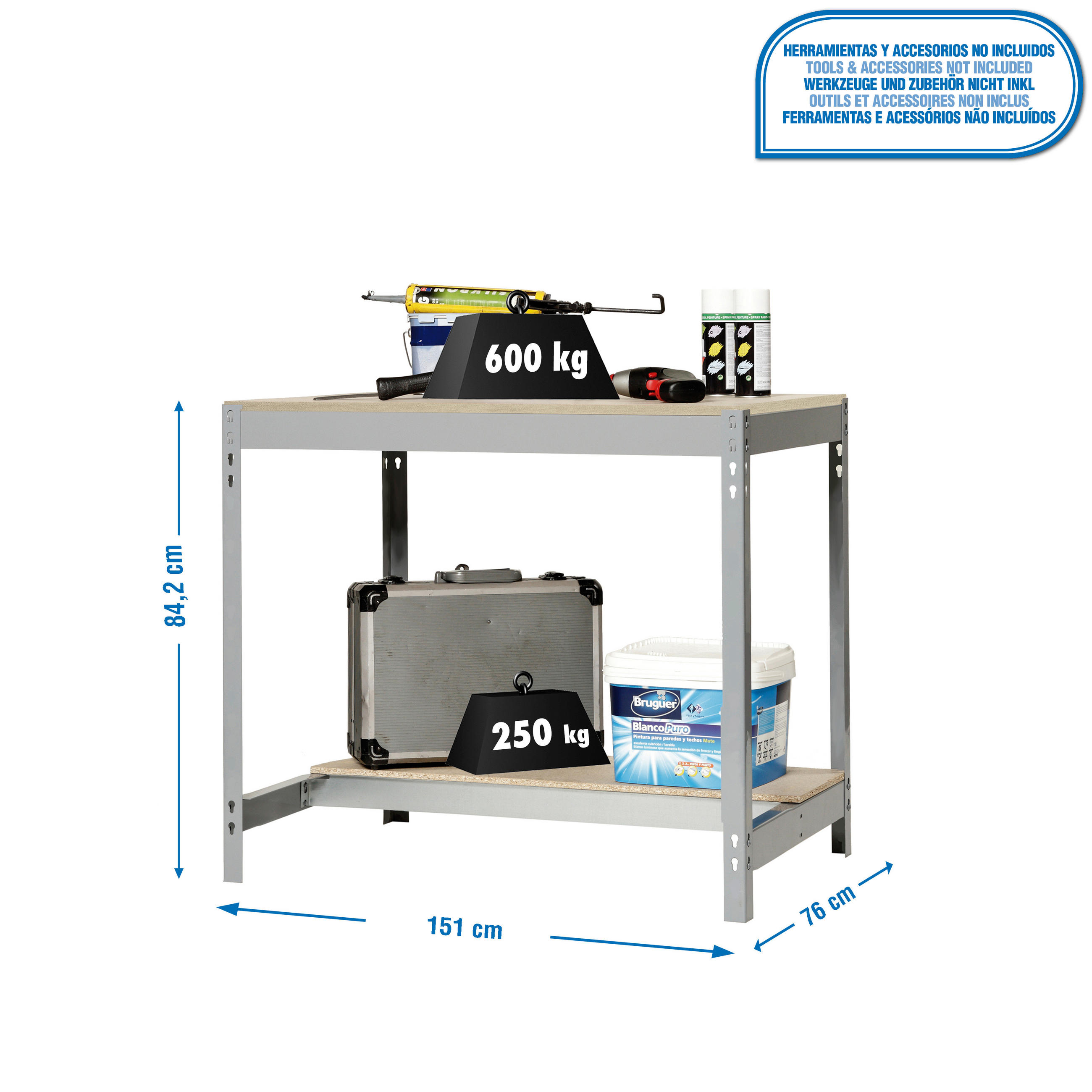 WERKBANK BUFFALO | HxBxT 84x150x76cm | Traglast 600kg | Grau - Grau, Holz (150/84/76cm) - PROREGAL