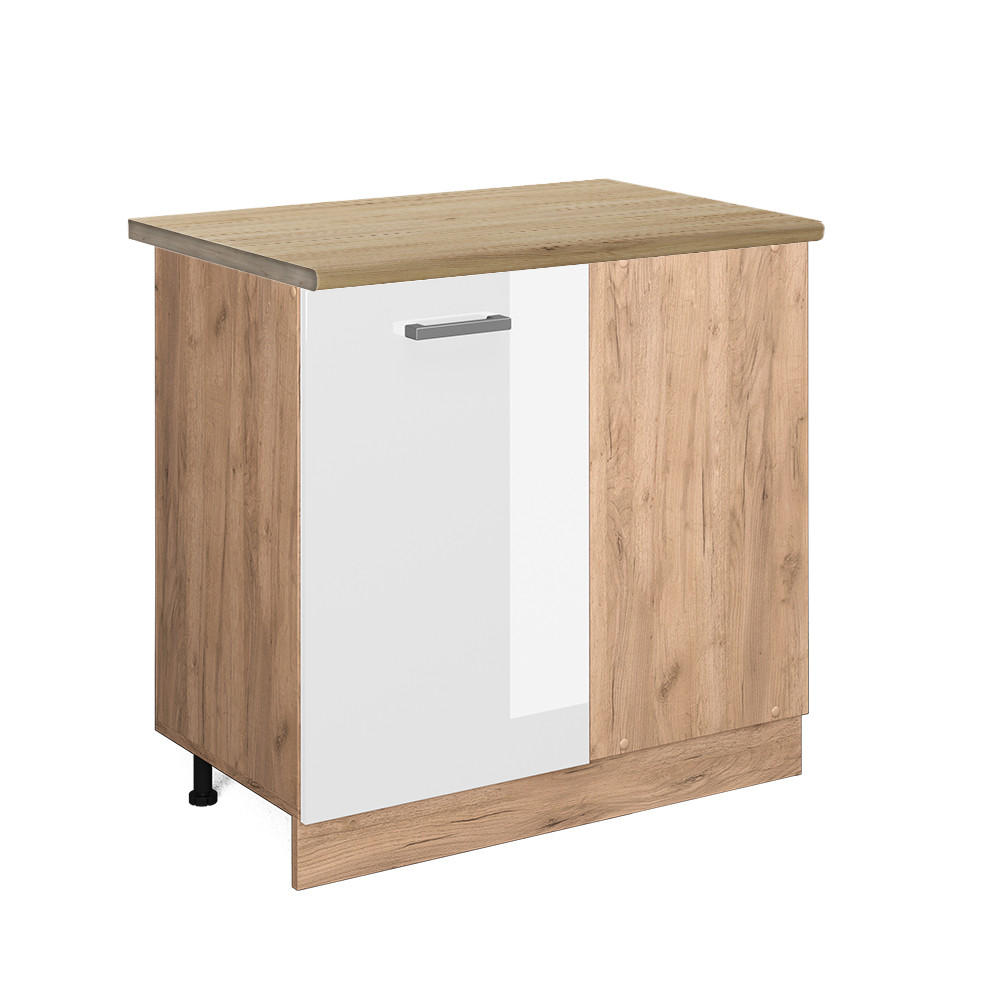 ECKUNTERSCHRANK R-Line Weiß Hochglanz 86 cm, AP Eiche - Weiß Hochglanz/Eiche Wotan, Holzwerkstoff (86/81.6/60cm) - Vicco
