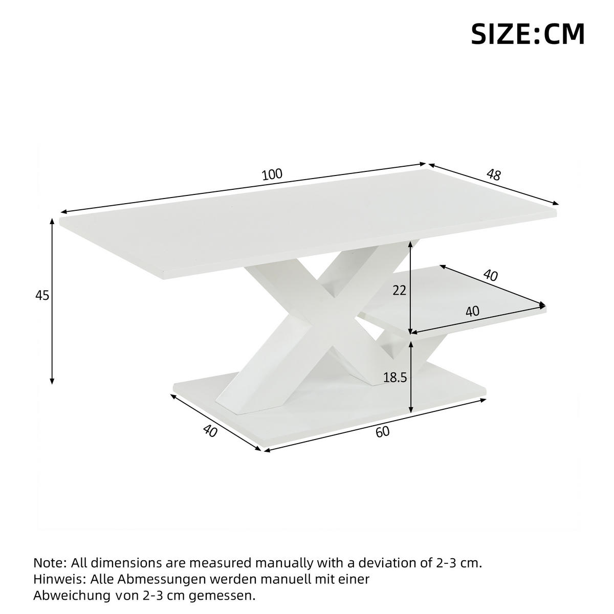 COUCHTISCH DE-37146 mit X-förmigen Beinen und Doppeltischplatte Weiß - Weiß, Holzwerkstoff (100/48/45cm) - ComfortXL