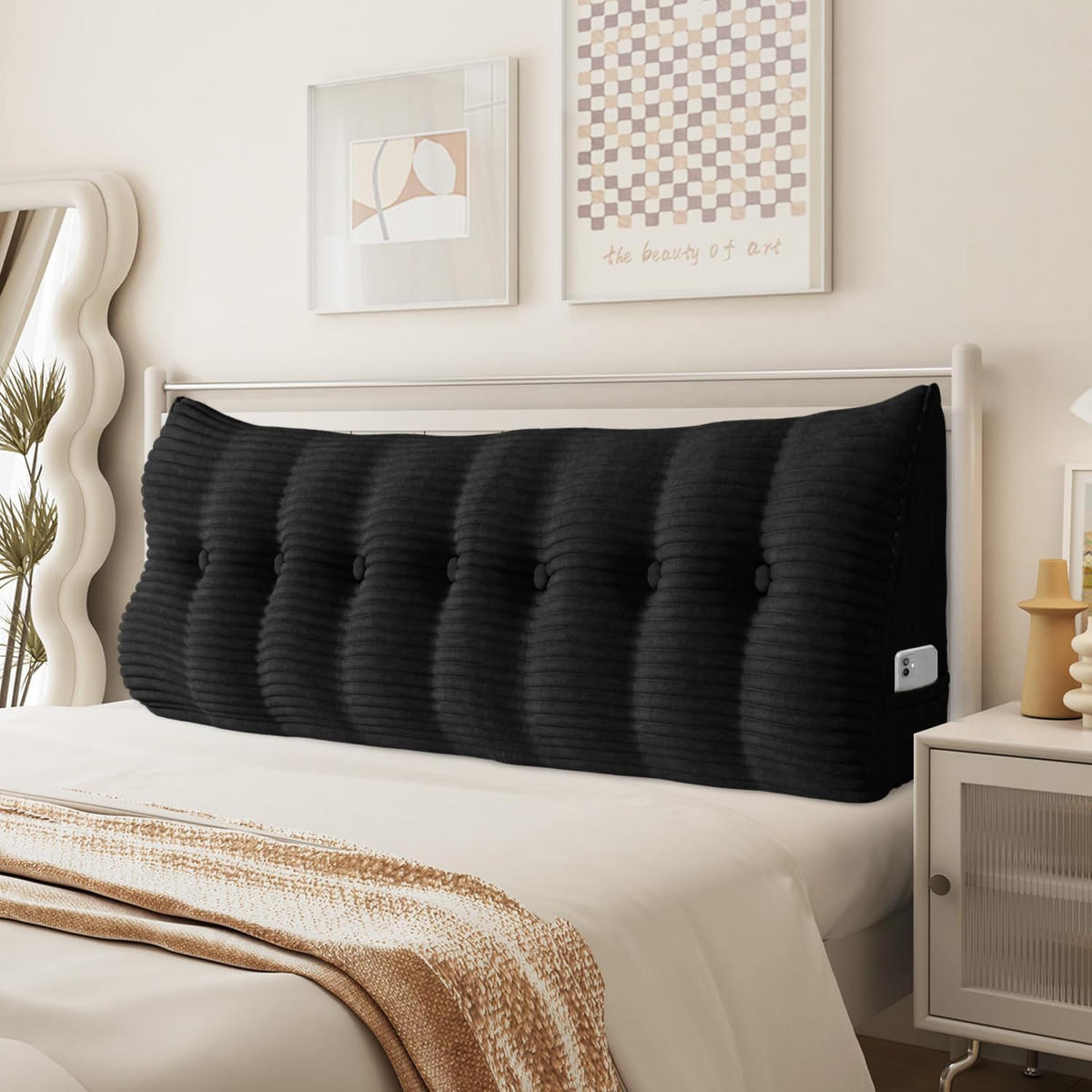 RÜCKENKISSEN für Bett Kord Schwarz 200 cm - Schwarz, Textil (50/200cm) - Vercart