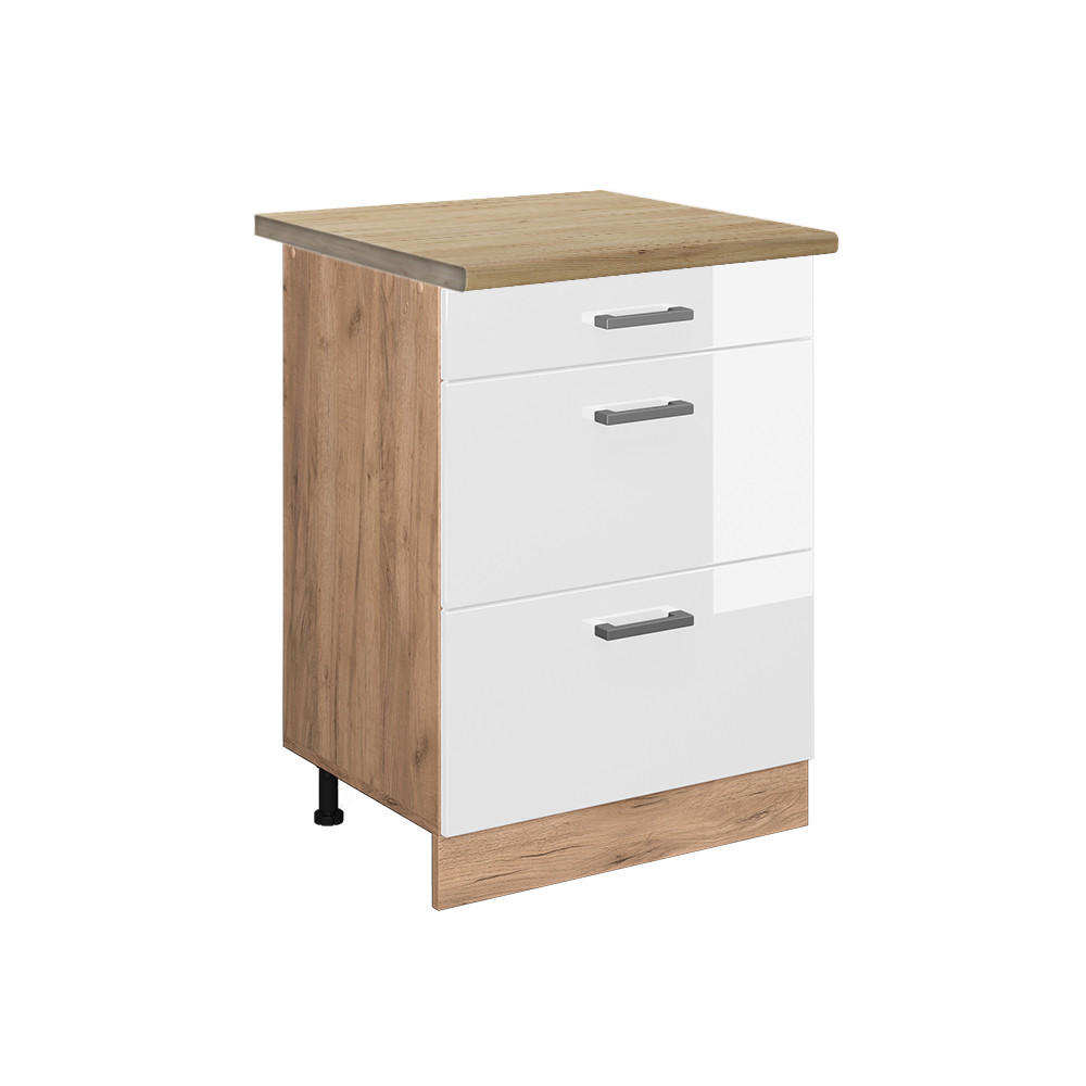 KÖKSUNDERSKÅP R-Line Vit högblank 60 cm med lådor, AP ek Vit högglans, Honungsek 81.6/60/60 cm