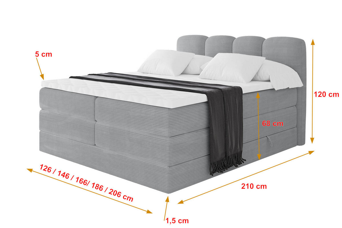 BOXSPRINGBETT mit Matratze H3/H4 - NINA KING - 160x200 cm Grau - Silberfarben, Holzwerkstoff (160/200cm) - ALTDECOR