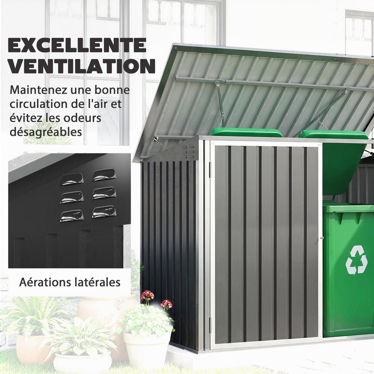 GARTENHAUS Doppel-Mülltonnenbox, 2 x 240-Liter-Mülltonnen, Deckel mit Kettengeflecht, 179,5 x 108 x 129,5 cm ,Grau - Dunkelgrau, Metall (108/129.5/179.5cm) - Vallsero