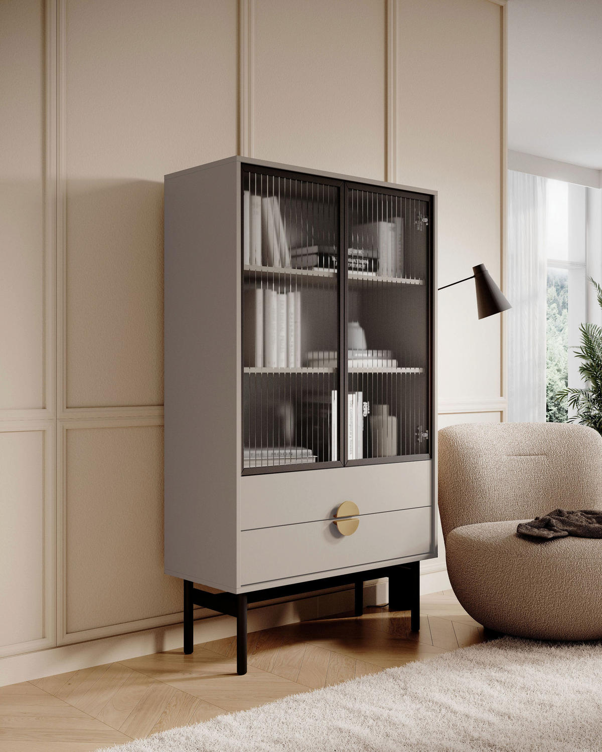 VITRINE Stoon II Taupe 85 cm - černá/zlatá, kov/kompozitní dřevo (85/150/41cm) - Selsey