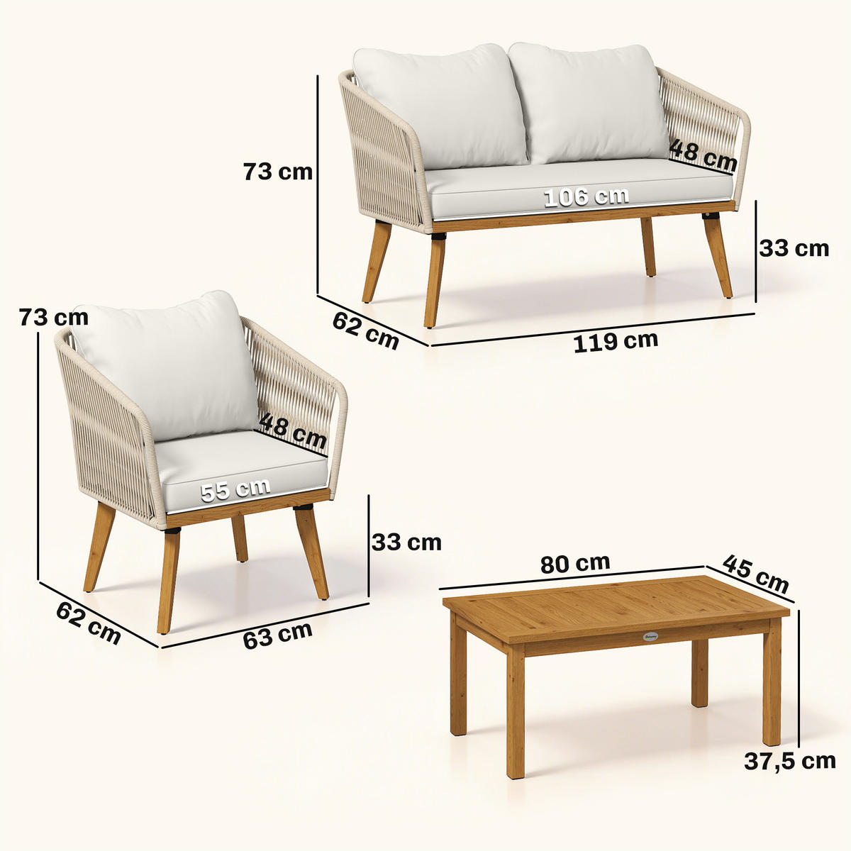 RATTAN-GARTENMÖBEL-SET 4er Set PP-Rattan Stahl Cremeweiß - Creme/Akaziefarben, Kunststoff/Textil - Outsunny