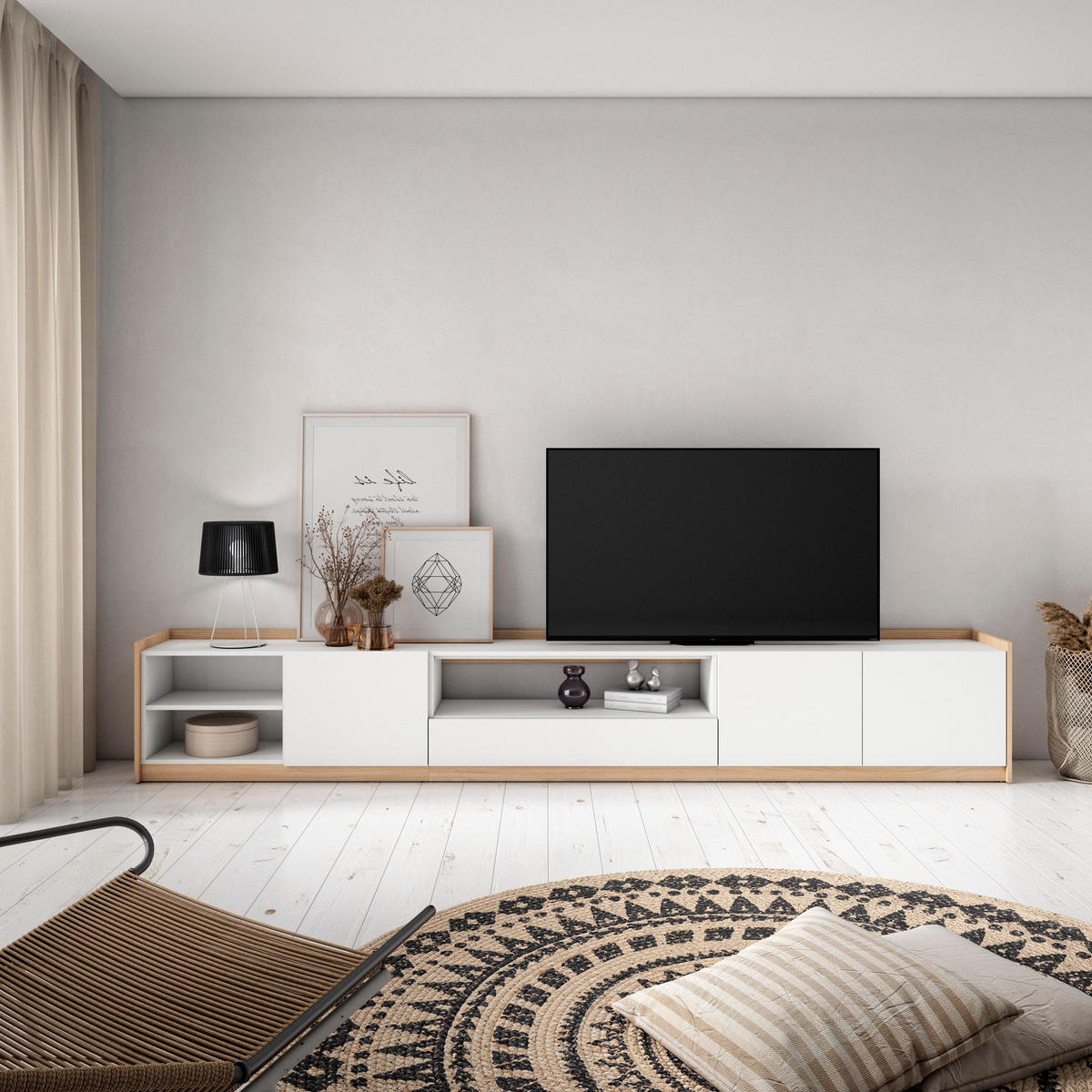 TV-SCHRANK, Lowboard, Weiß und Eiche Soft, 310/37/50cm - Weiß, Holzwerkstoff (310/50/37cm) - Skraut Home