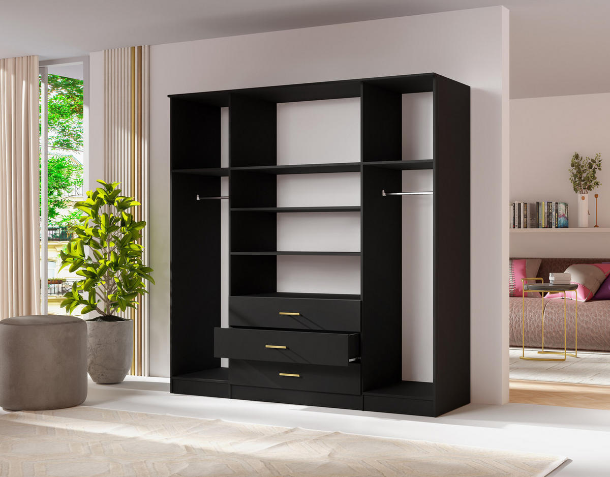 DREHTÜRENSCHRANK - LIMON 4D - Schwarz - Schwarz, Holzwerkstoff/Metall (200/210/64cm) - Möblo