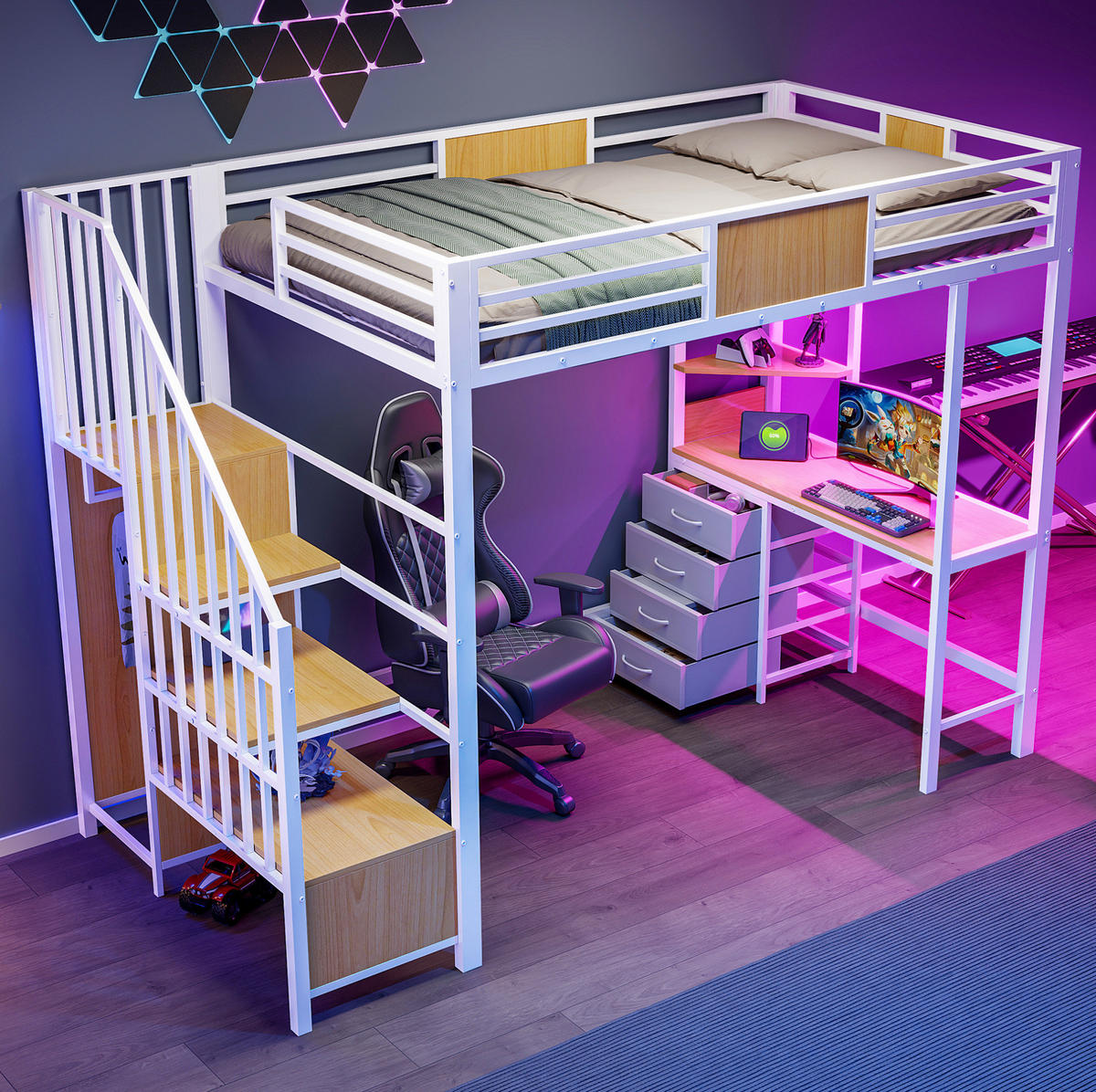 HOCHBETT 90/200 cm mit Schreibtisch, LED und Metallgestell - Weiß, Metall (90/200cm) - MIVRAY