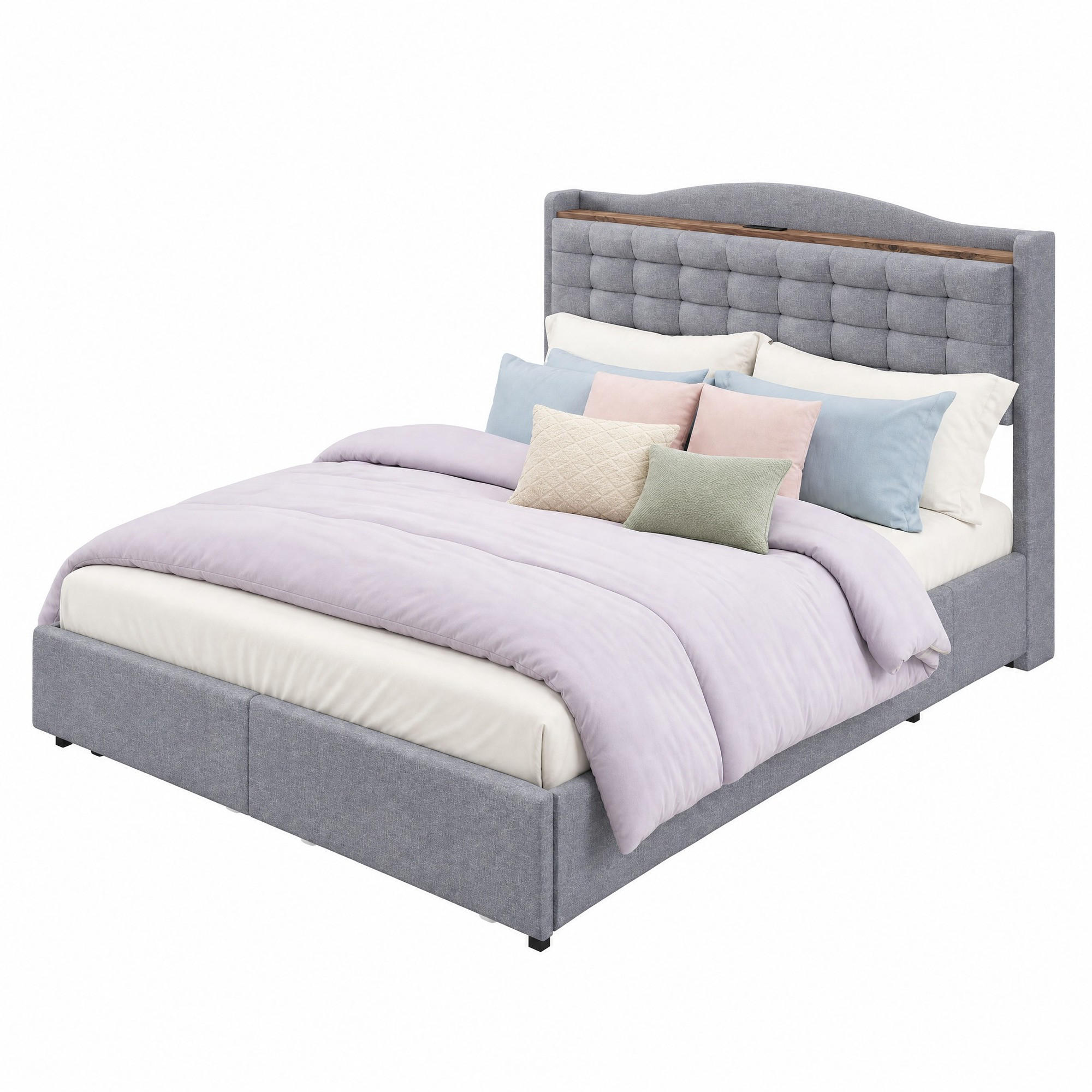 POLSTERBETT 160/200 cm in Grau mit 4 Schubladen, USB und Ablage Leinenstoff - Grau, Holzwerkstoff/Textil (160/200cm) - CHICFURN