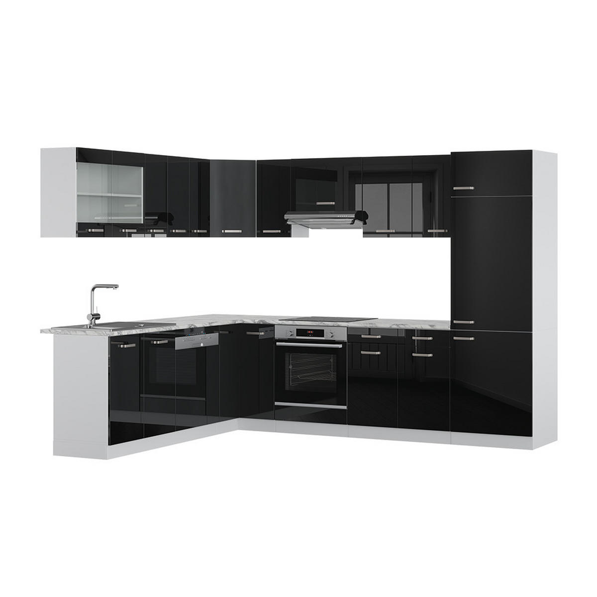 ECKKÜCHE R-Line Schwarz Hochglanz 227 x 287 cm ohne AP - Schwarz Hochglanz/Weiß, Holzwerkstoff (287/81.6/46cm) - Vicco