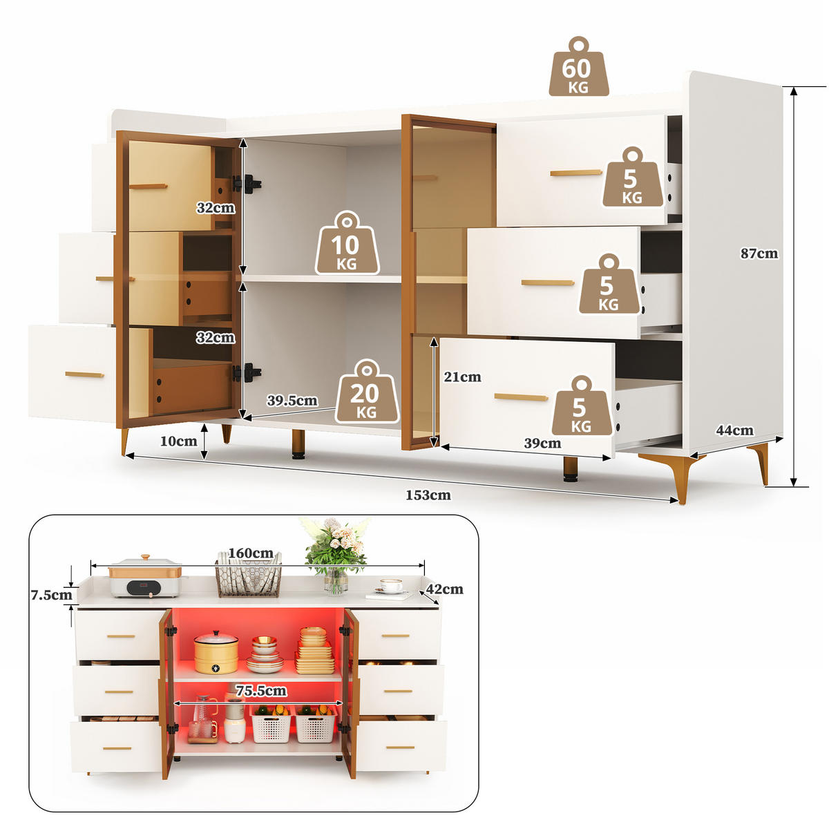 SIDEBOARD mit 6 Schubladen und Doppeltür mit Rauchglas, fernbedienbare LED, MDF, 160/44/87 cm, Weiß und Gold - Weiß, Holzwerkstoff (160/87/44cm) - Redom