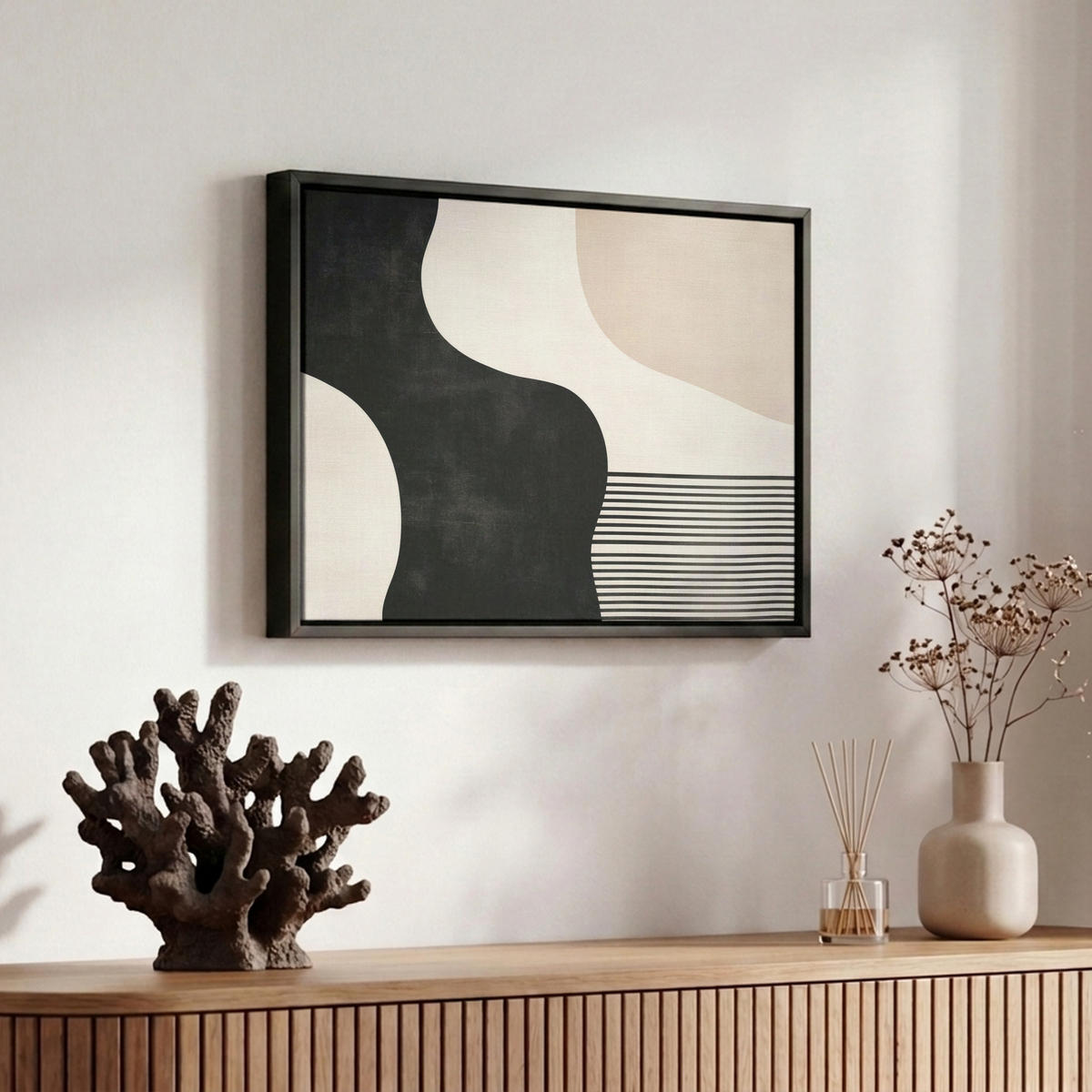 LEINWAND Bilder mit Rahmen - Abstrakt - Japandi - Beige - Modern - 30x20 - Schwarz, Textil (30/20cm) - MuchoWow
