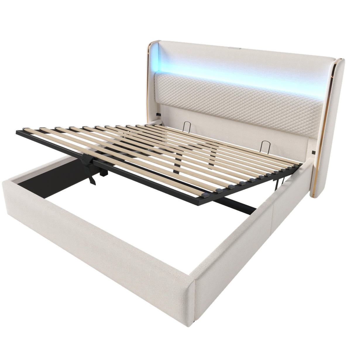 POLSTERBETT 140/200 cm Beige mit Stauraum, LED und USB- und Type-C-Anschlüssen - Beige, Textil (140/200cm) - Flora Grace