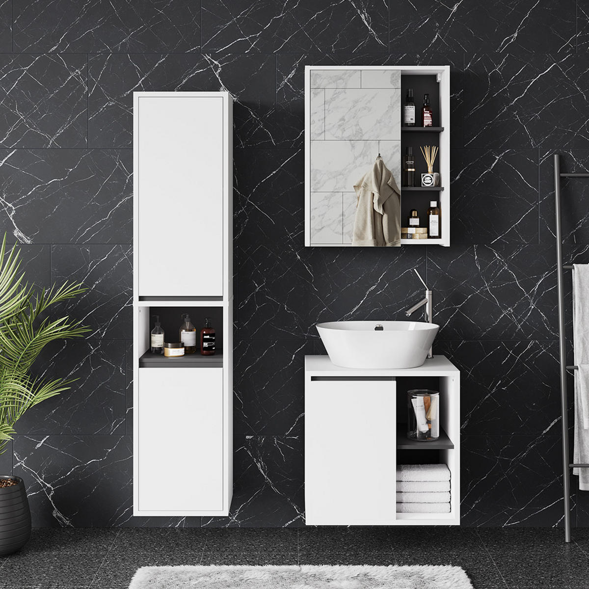 SADA KOUPELNOVÉHO NÁBYTKU Viola Bílá/šedá - bílá/šedá, kompozitní dřevo (60/60/45.5cm) - Vicco