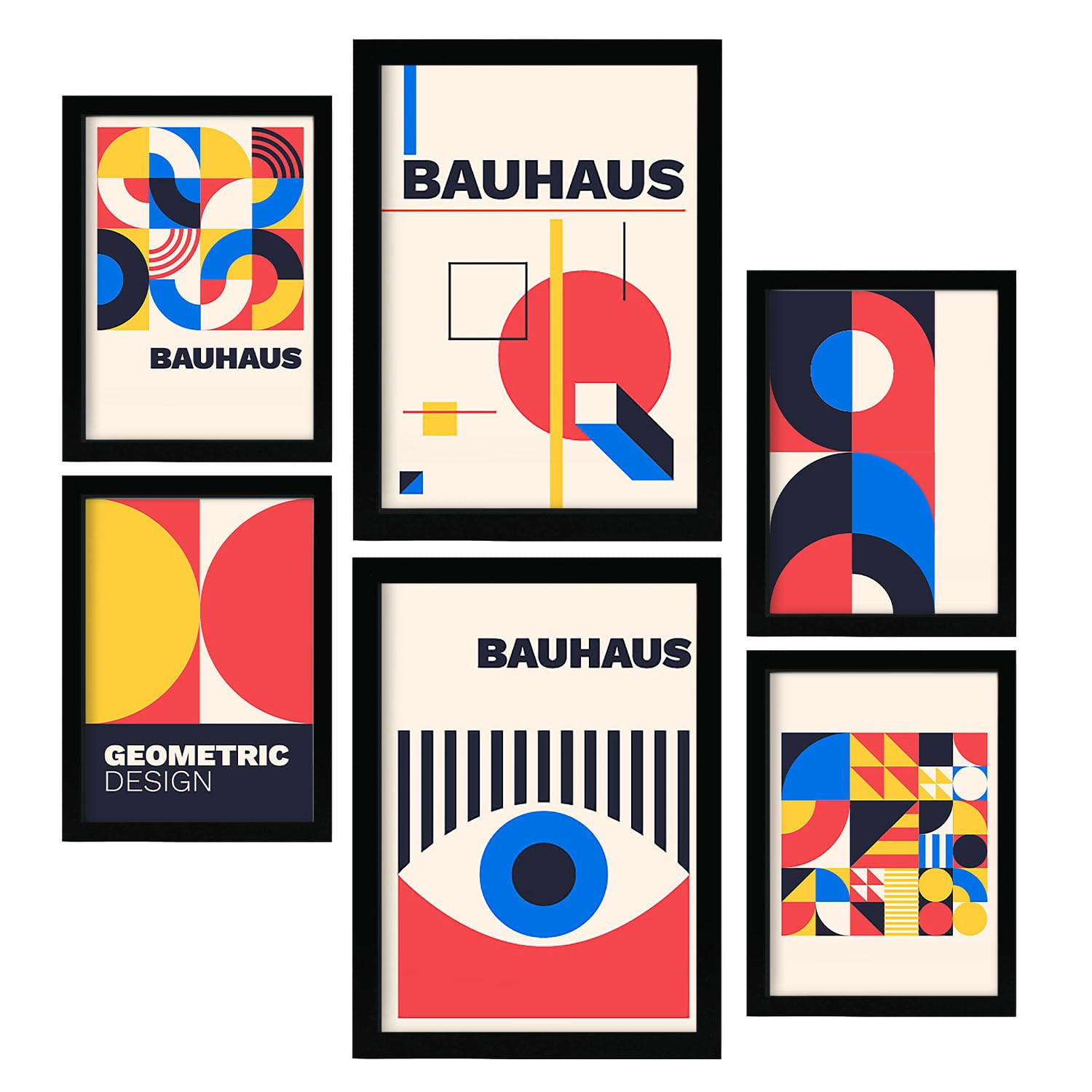 POSTER Set Mit 6 Drucken Im Bauhaus 3 Geometrische Designkollektion Drucke Mit Ästhetische Dekorative Rahmen Für Zuhause A3 & A4 Schwarzer Rahmen - Schwarz, Papier (29/3cm) - Nacnic