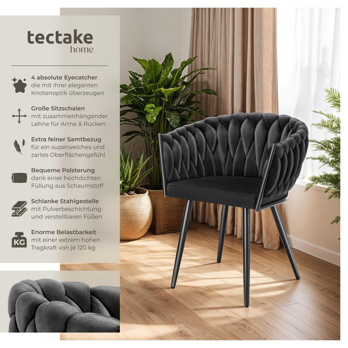 ESSZIMMERSTUHL 4er Set Astano 60 5 x 55 x 75 cm schwarz - Schwarz, Textil (60.5/75/55cm) - tectake