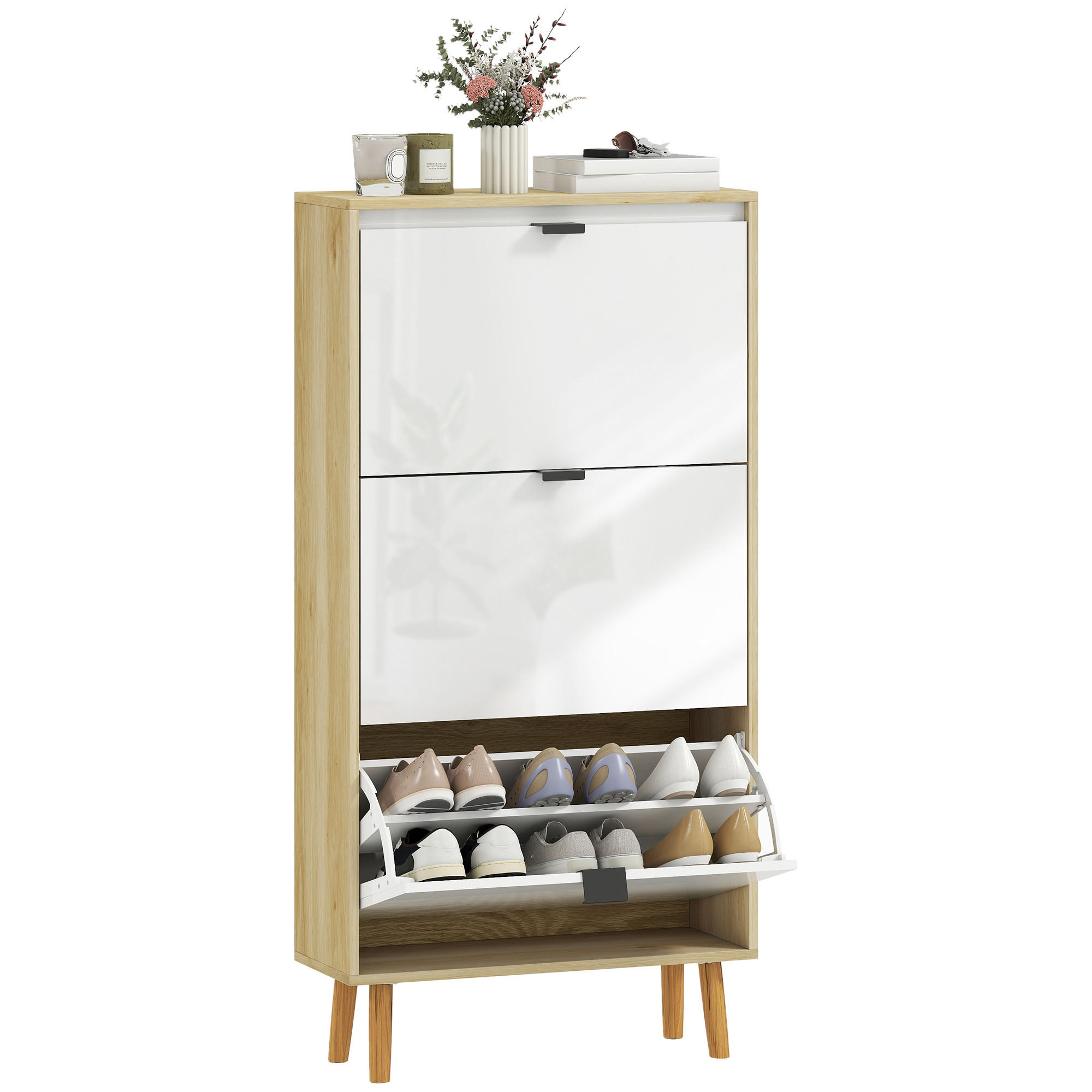 SCHUHSCHRANK DE-15048 3 Klapptüren, weiß Hochglanz, für bis zu 18 Paar Schuhe - Weiß, Holzwerkstoff (60/127/24cm) - ComfortXL