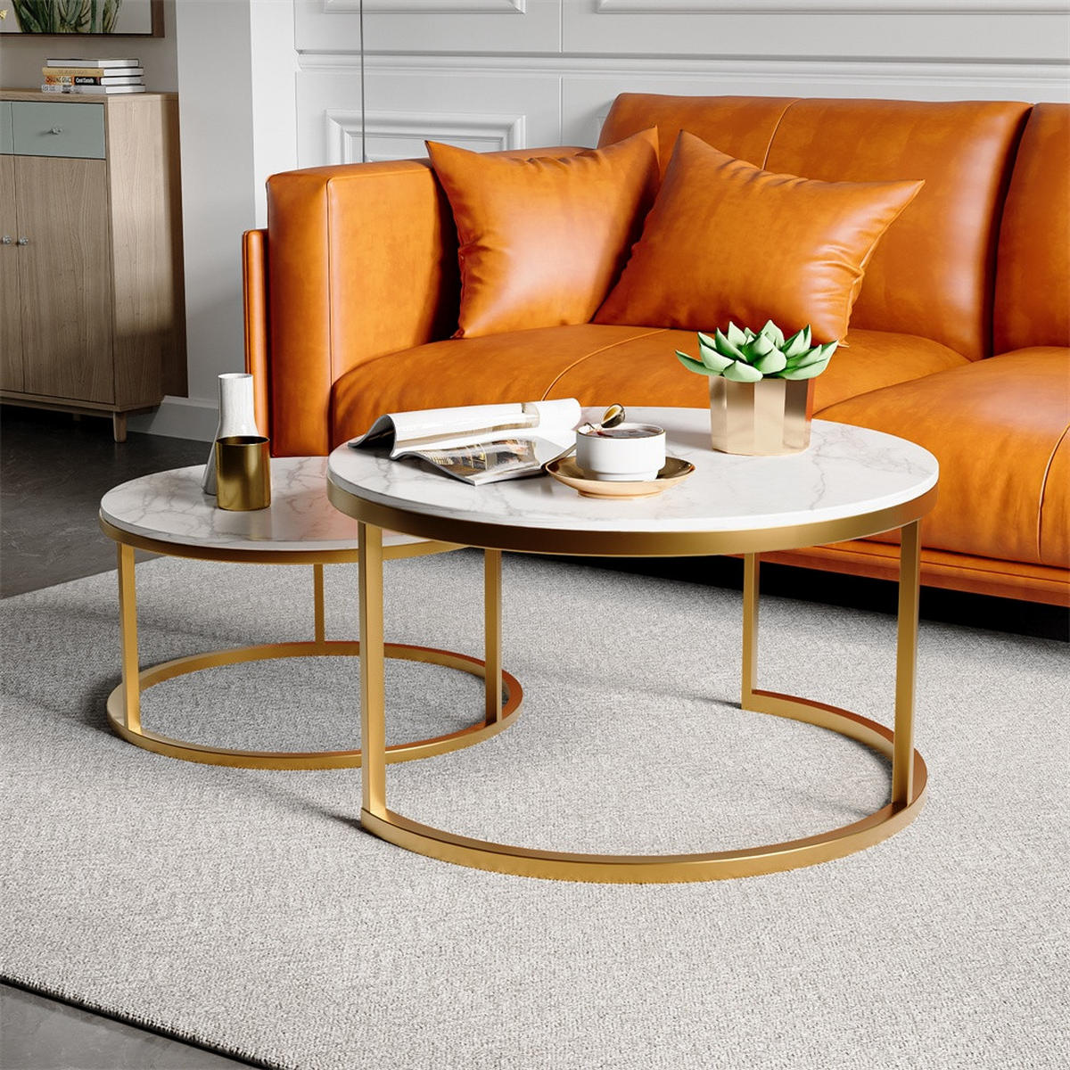 COUCHTISCH 2er-Set - Runder Beistelltisch in Marmoroptik Weiß mit Metallgestell - Gold - Goldfarben, Holzwerkstoff (80/80/45cm) - DELFA