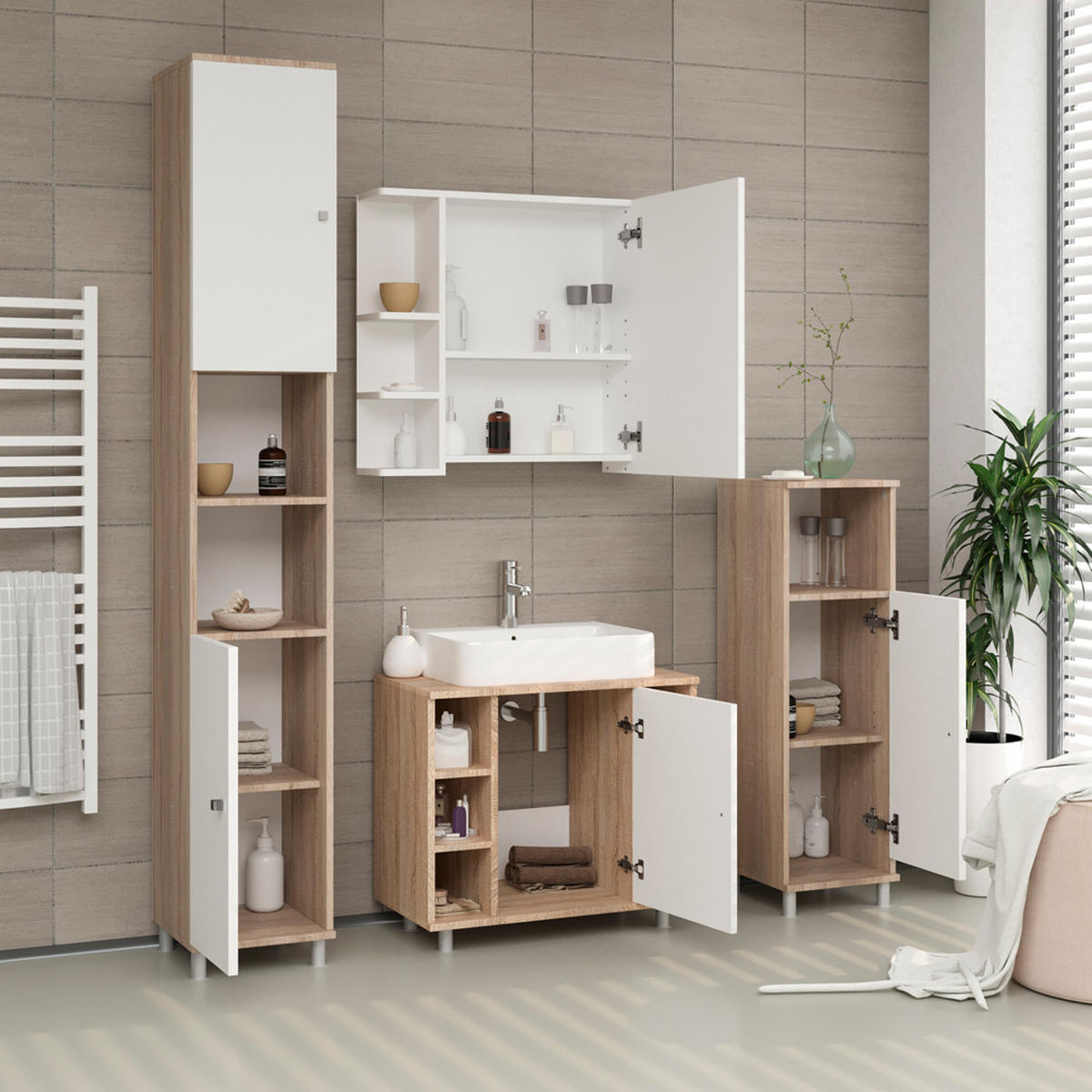 BADSCHRANK Fynn Sonoma 30 x 190 cm - Weiß/Sonoma Eiche, Holzwerkstoff (30/190/30cm) - Vicco