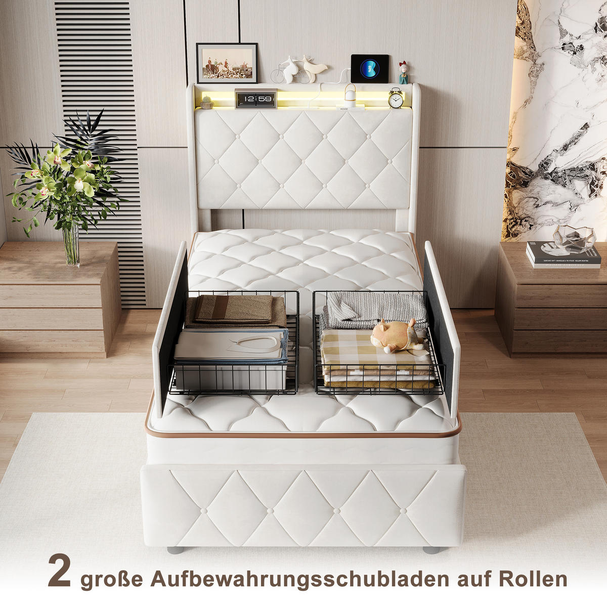 POLSTERBETT 90x200 cm, Zwei Schubladen mit Rollen, RGB LED, USB-/Typ-C-Anschlüsse, Samtstoff, Beige - Beige, Holz (90/200cm) - BRILVERDE