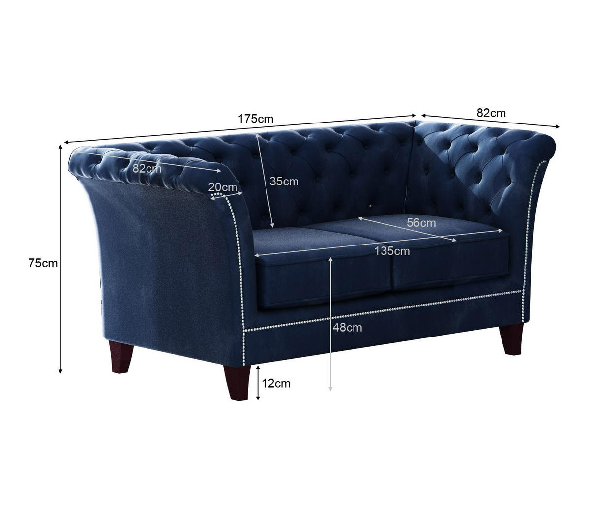 SITZGARNITUR 3+2+1 Chesterfield Fusion Blau Samt - Blau/Braun, Holz/Textil (237/75/82cm) - S-Style Möbel