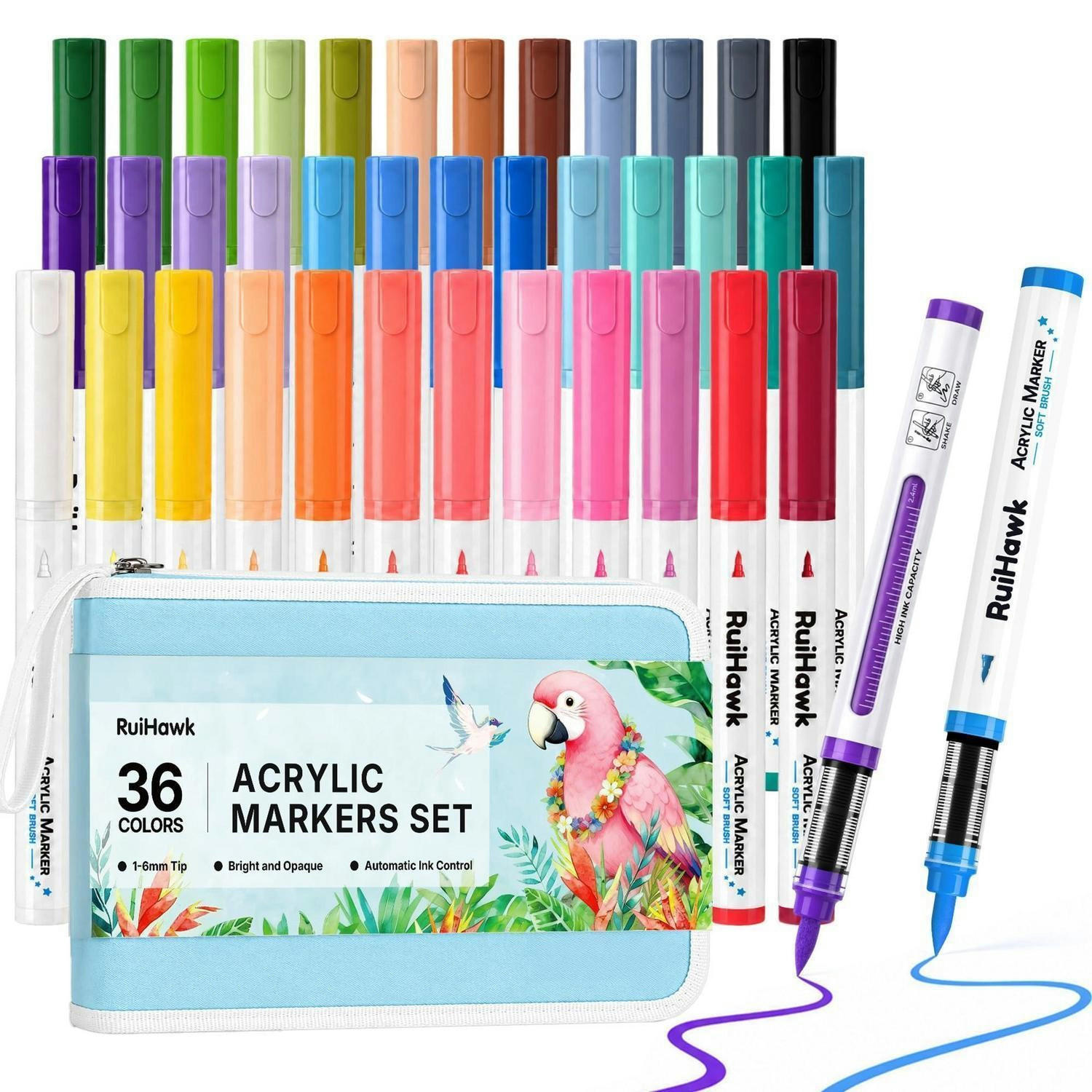 ACRYLSTIFTE 36er Set Macaron Pastell mit Pinselspitze wasserbasiert deckend für Glas Stein Holz Leinwand Stoff - Multicolor, Kunststoff (1/1/15cm)