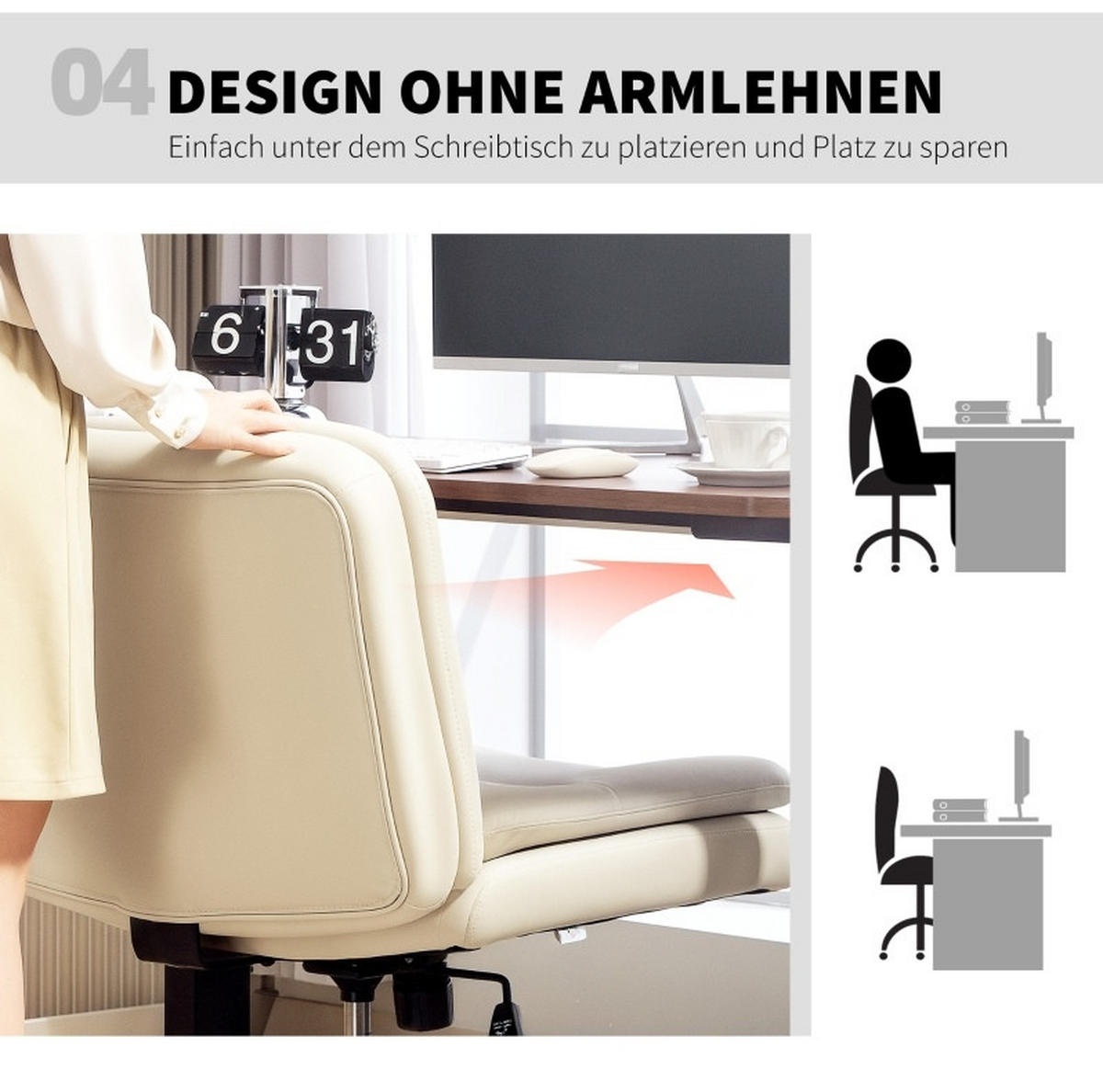 BÜROSTUHL in Beige 63x67x93 cm ohne Armlehnen, höhenverstellbar und drehbar - Beige, Leder (67/93/63cm) - IVMEU