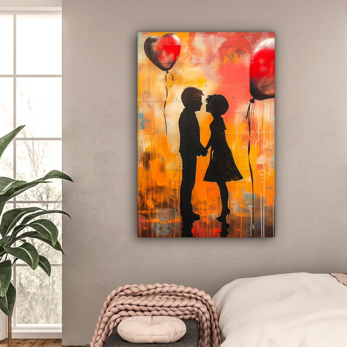 LEINWANDBILD Straßenkunst - Liebe - Graffiti - Kunst - Banksy 80x120 cm - Orange, Textil (80/120cm) - MuchoWow