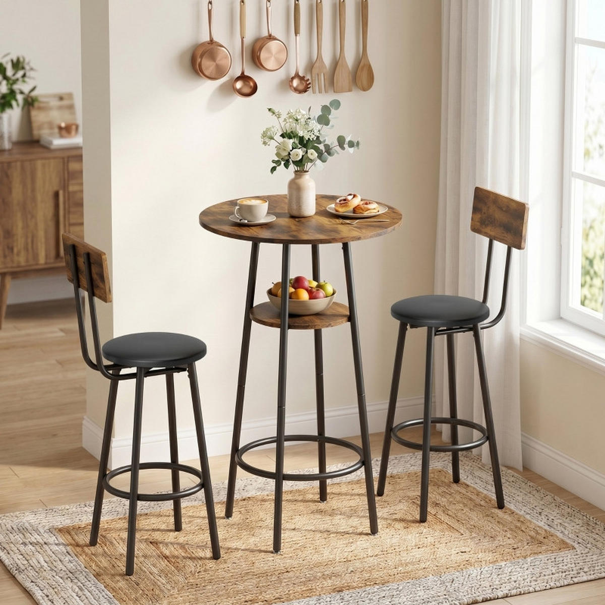 BARTISCH-SET DE-39305 Tisch mit 2 Hockern Rustikalbraun - Braun, Holzwerkstoff (60/91/60cm) - ComfortXL