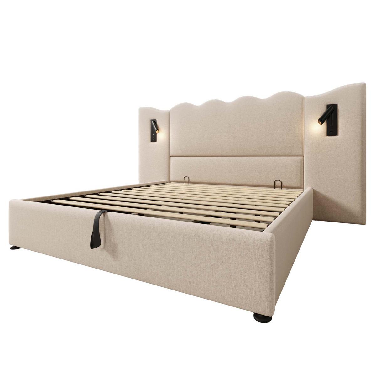 POLSTERBETT 180/200 cm Beige mit Leselampe und USB-C-Ladefunktion - Beige, Textil (180/200cm) - OKWISH