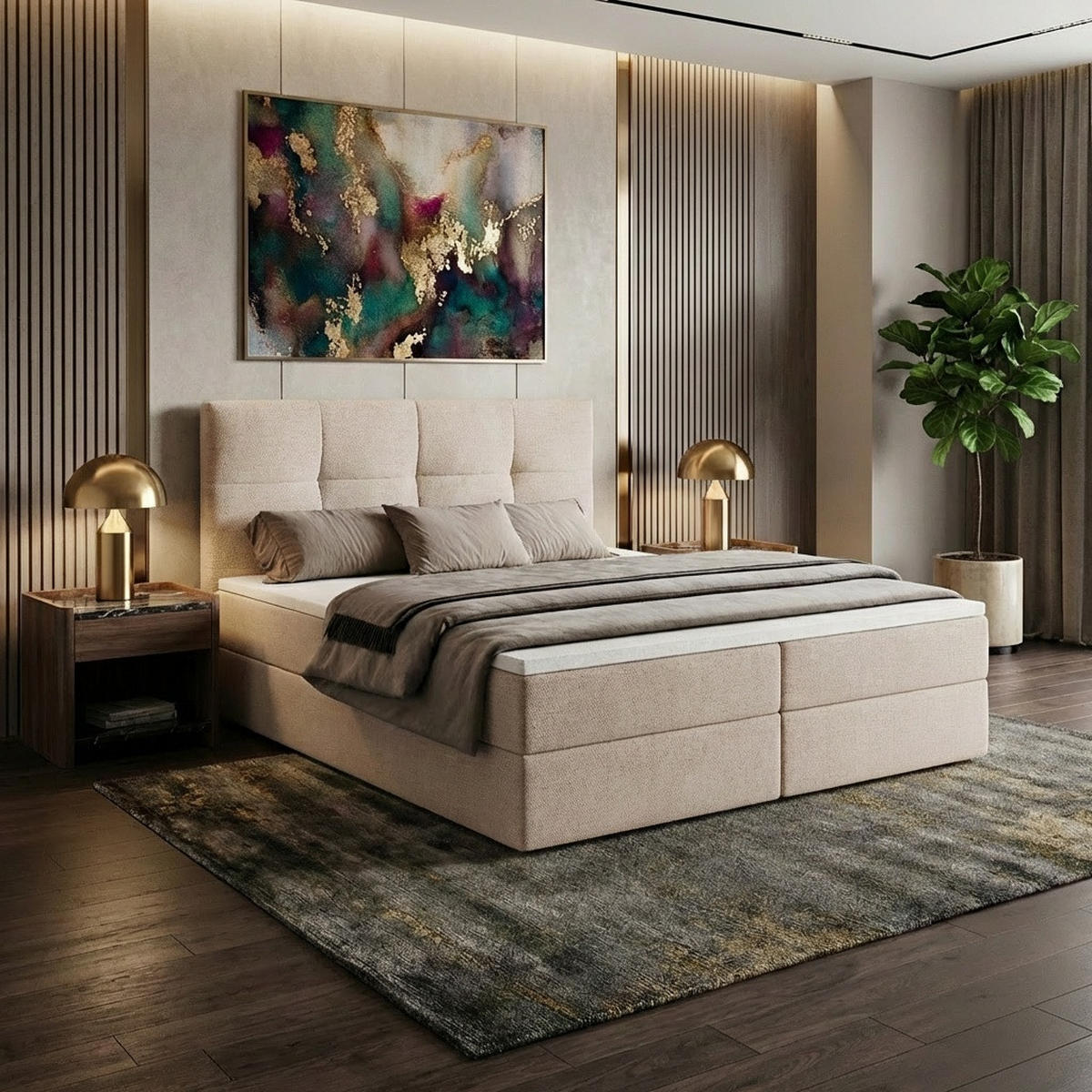 BOXBETT MORENO mit Bettkasten 180x200 cm inkl. Bonell-Federkernmatratze H3 und Topper – Polsterbett Stoff ASTI Creme - Creme, Textil (180/200cm) - Luxkor24