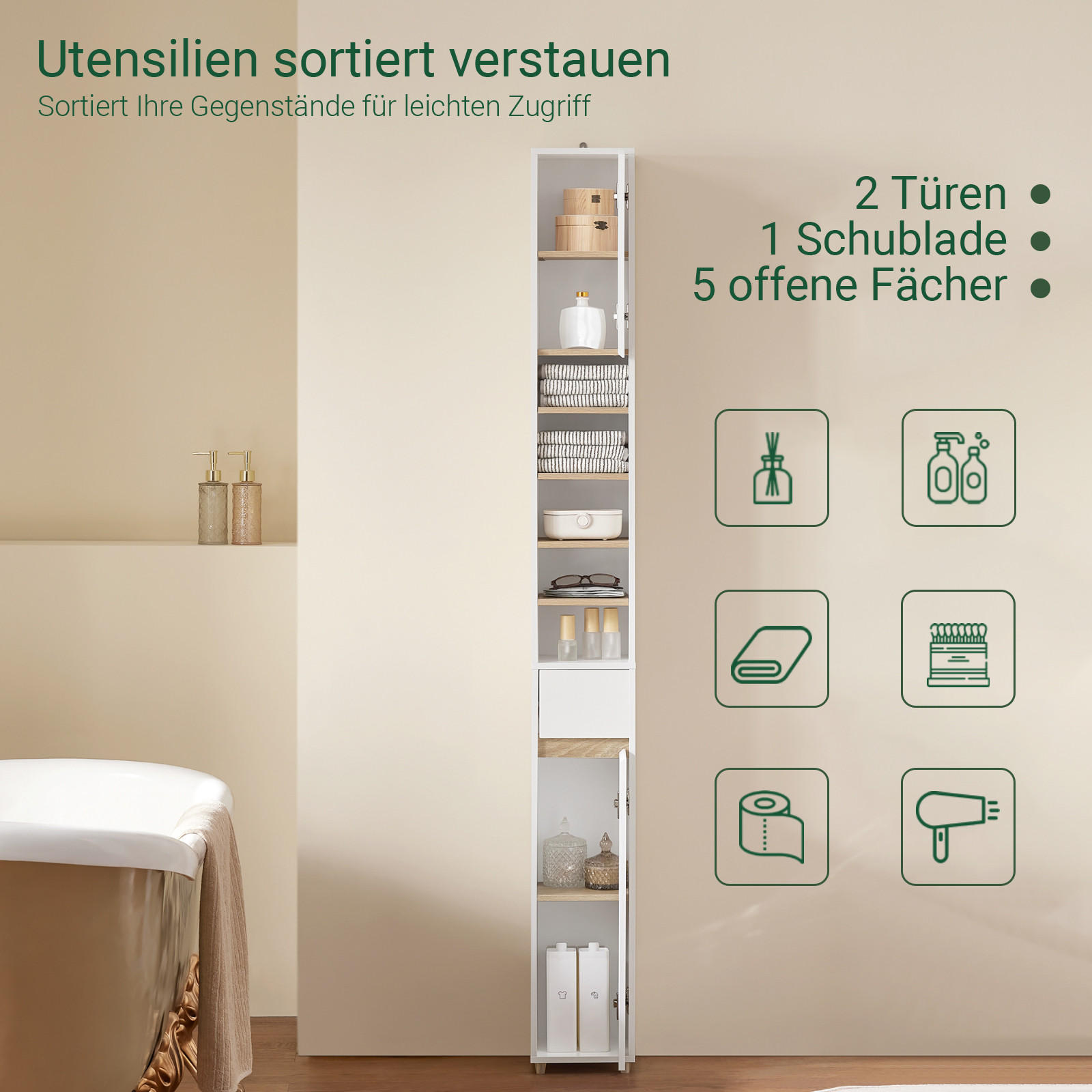HOCHSCHRANK schmal Weiß - Weiß/Naturfarben, Holzwerkstoff (20/180/20cm) - SoBuy