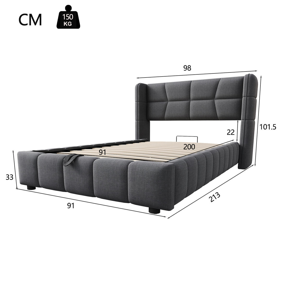 POLSTERBETT 90/200 cm grau aus Stoff mit Stauraum und Hebemechanismus - Grau, Textil (90/200cm) - OKWISH