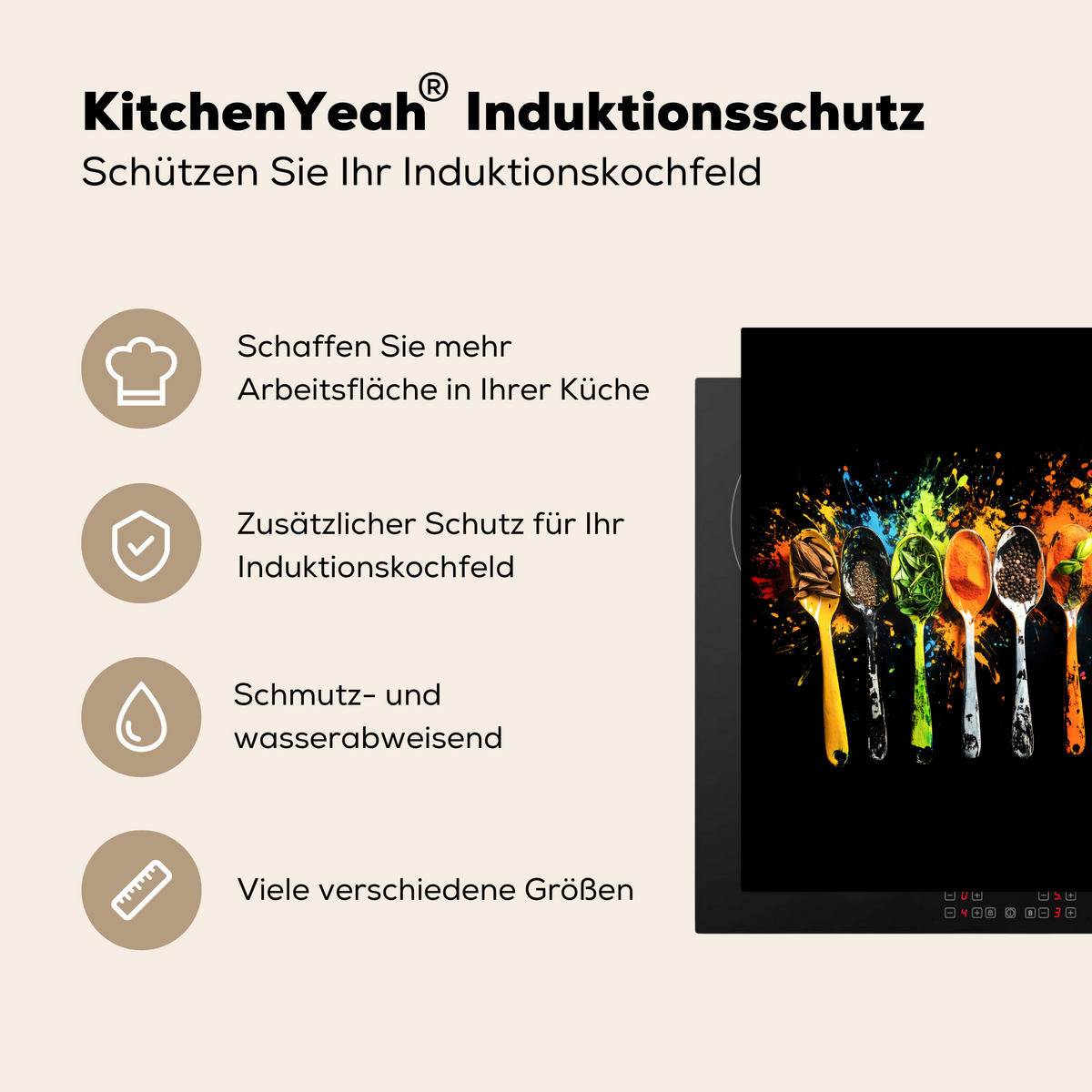 HERDABDECKPLATTE Löffel - Gewürze - Modern - Graffiti - Farbe - Farbenfroh 78x78 cm - Multicolor, Kunststoff (78/78/0.2cm) - MuchoWow