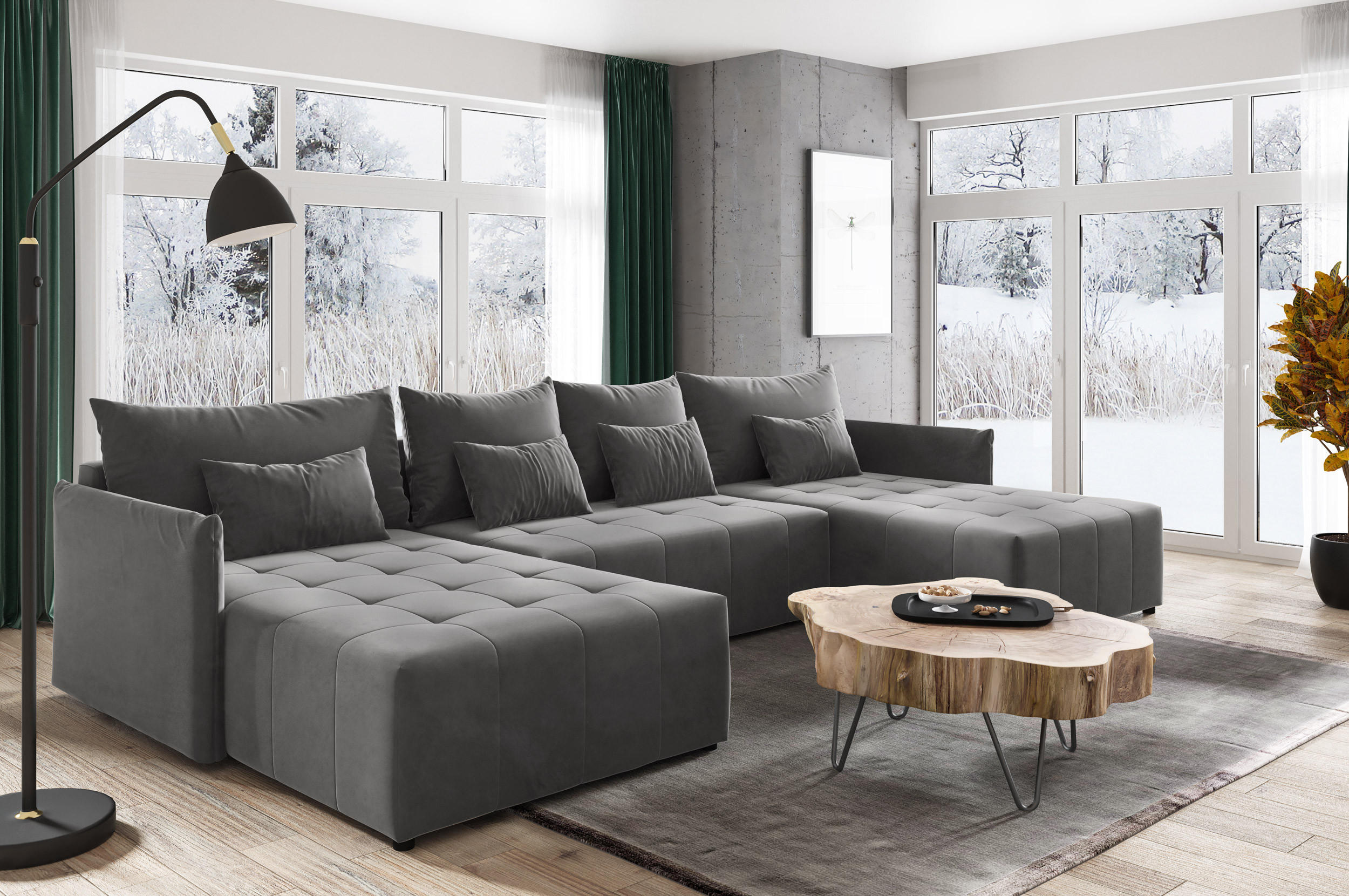 WOHNLANDSCHAFT Leno U - Grau, Holz/Textil (365/80/180cm) - Sofnet
