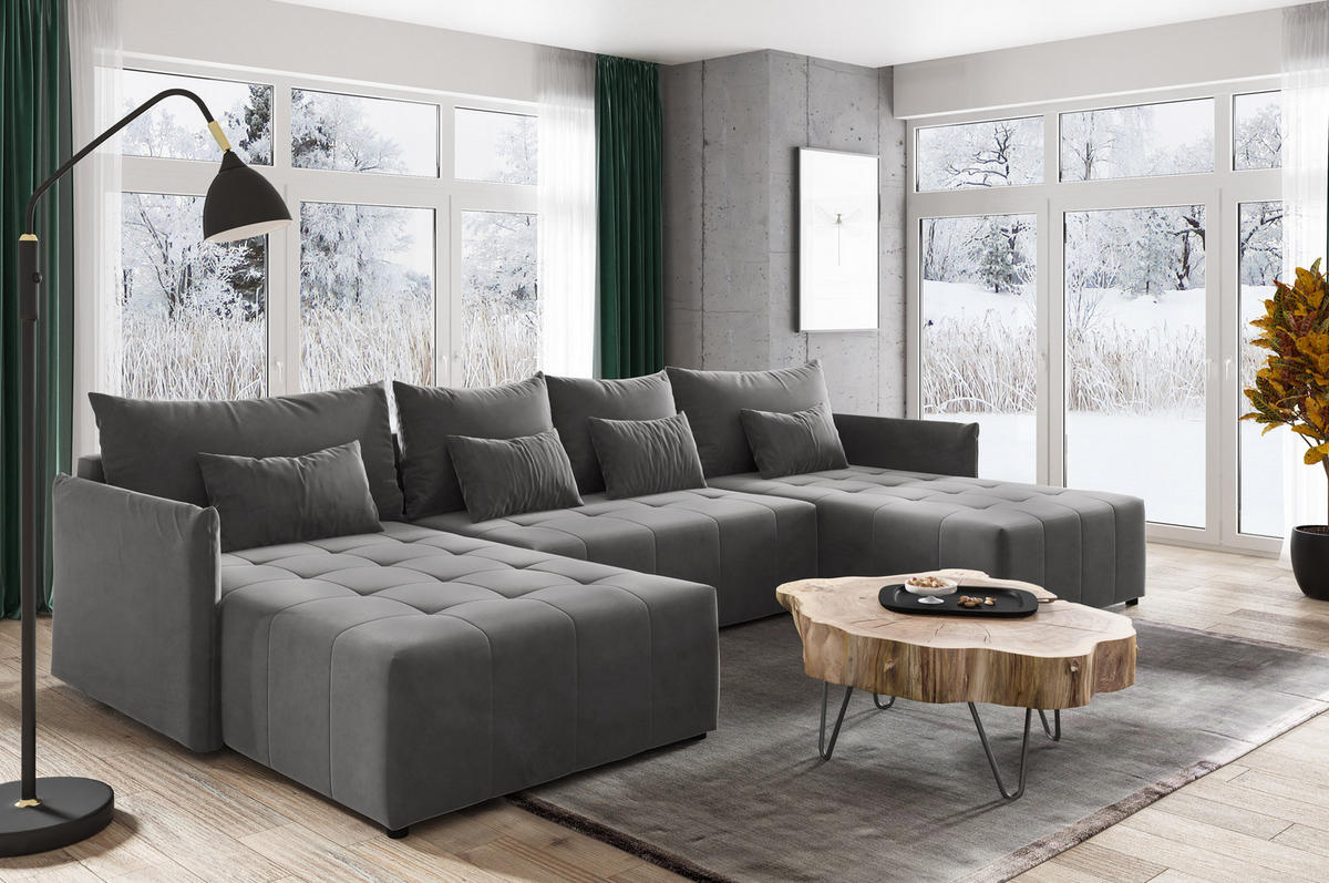 WOHNLANDSCHAFT Leno U - Grau, Holz/Textil (365/80/180cm) - Sofnet