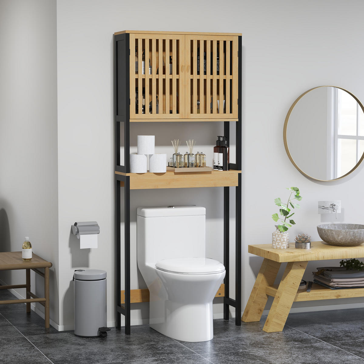 BADEZIMMERREGAL DE-15883 mit 2 Türen & offenem Fach Bambus - Naturfarben, Holzwerkstoff (21.5/172/60cm) - ComfortXL