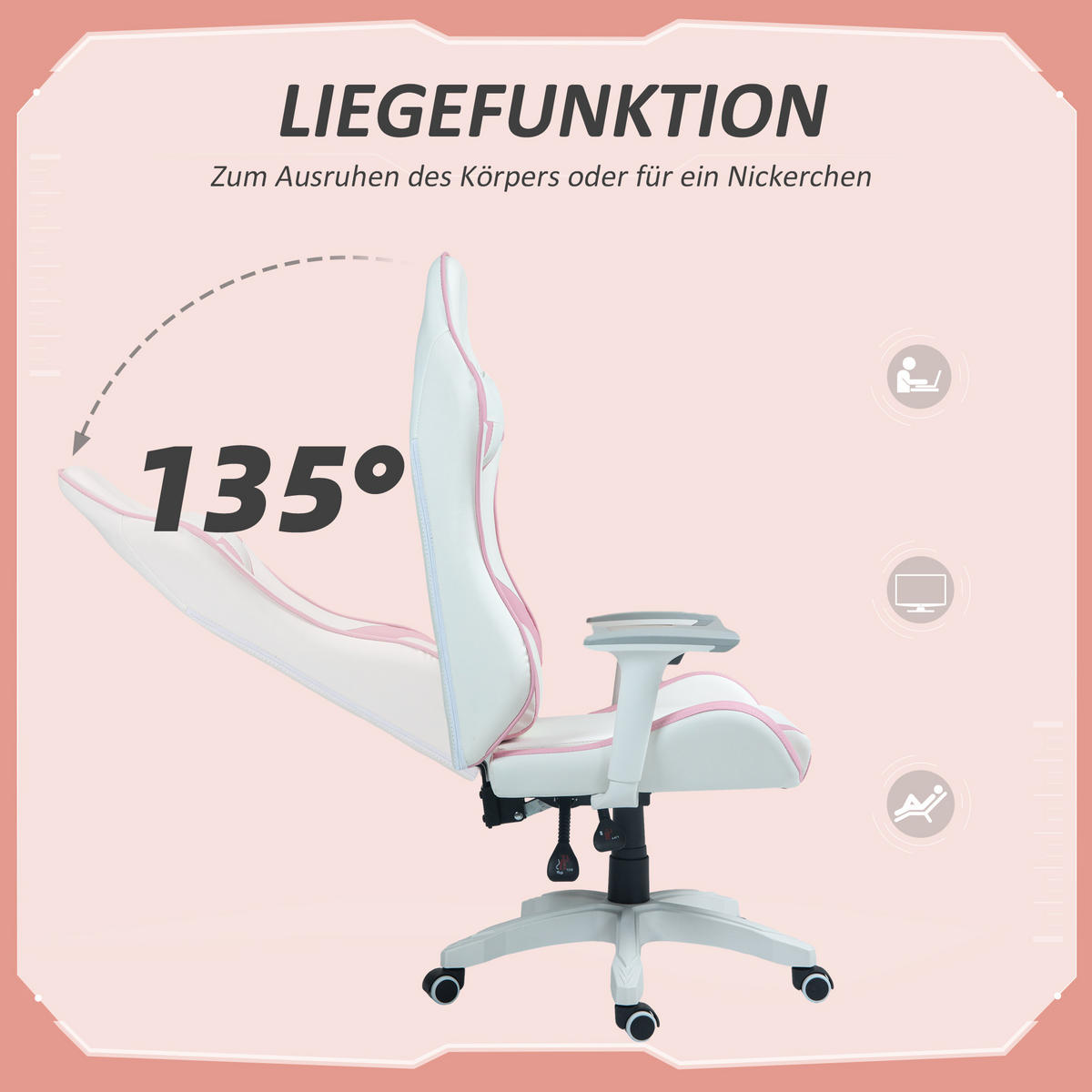GAMING Stuhl, 3D Armlehne, Rosa - Rosa, Leder (60/128/67cm) - HOMCOM