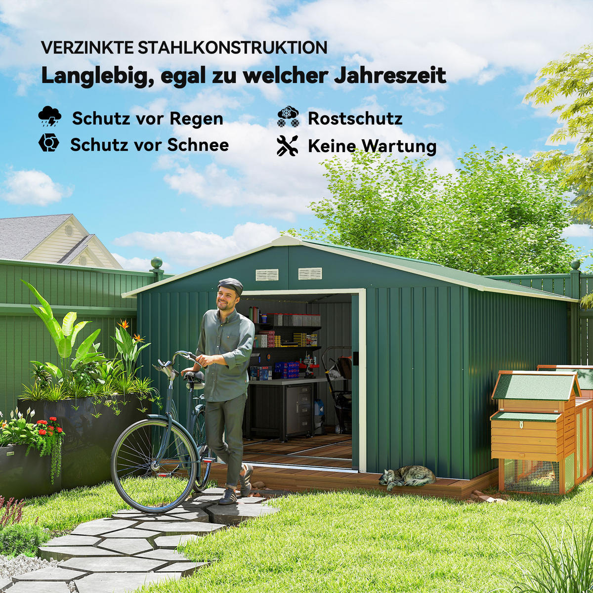 GERÄTESCHUPPEN DE-08106 wetterfest mit Schiebetüren Dunkelgrün - Dunkelgrün, Metall (386/200/340cm) - ComfortXL
