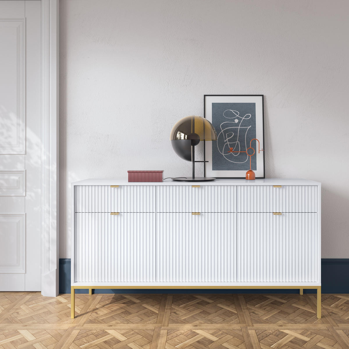 SIDEBOARD STELLARE 154/83/39 cm mit 3 Schubladen 3 Türen Weiß - Goldfarben/Weiß, Holzwerkstoff (154/83/39cm) - MASSENO