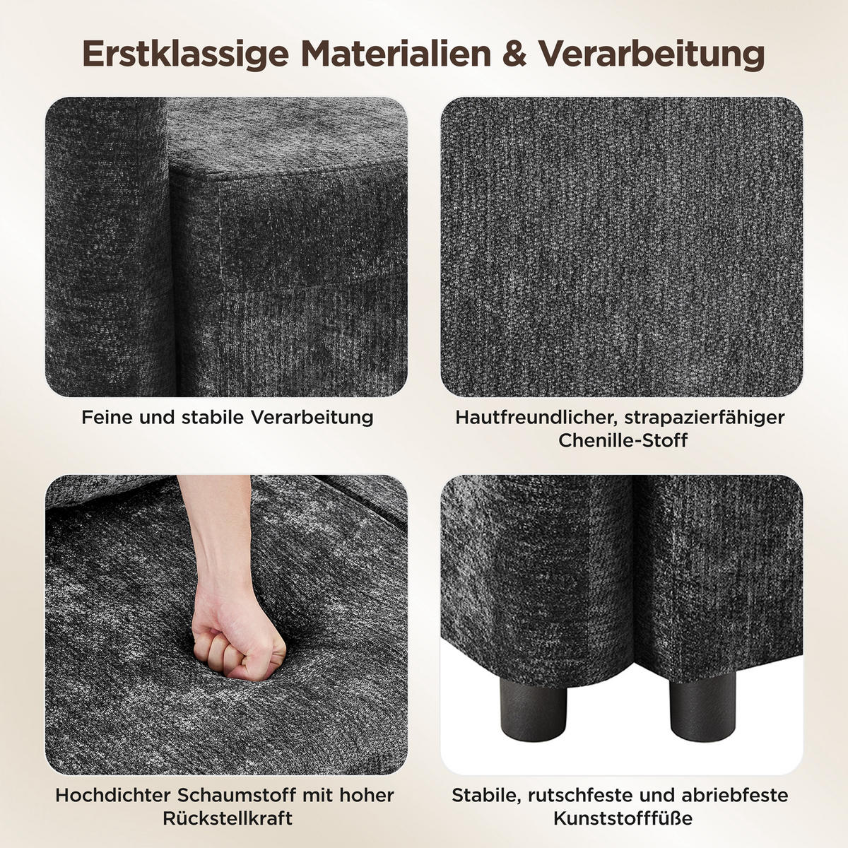 ECKSOFA 187.5/144/85.5 cm Schwarz Chenille mit 2 Kissen - Schwarz, Kunststoff/Textil (187.5/144cm) - Oxeza